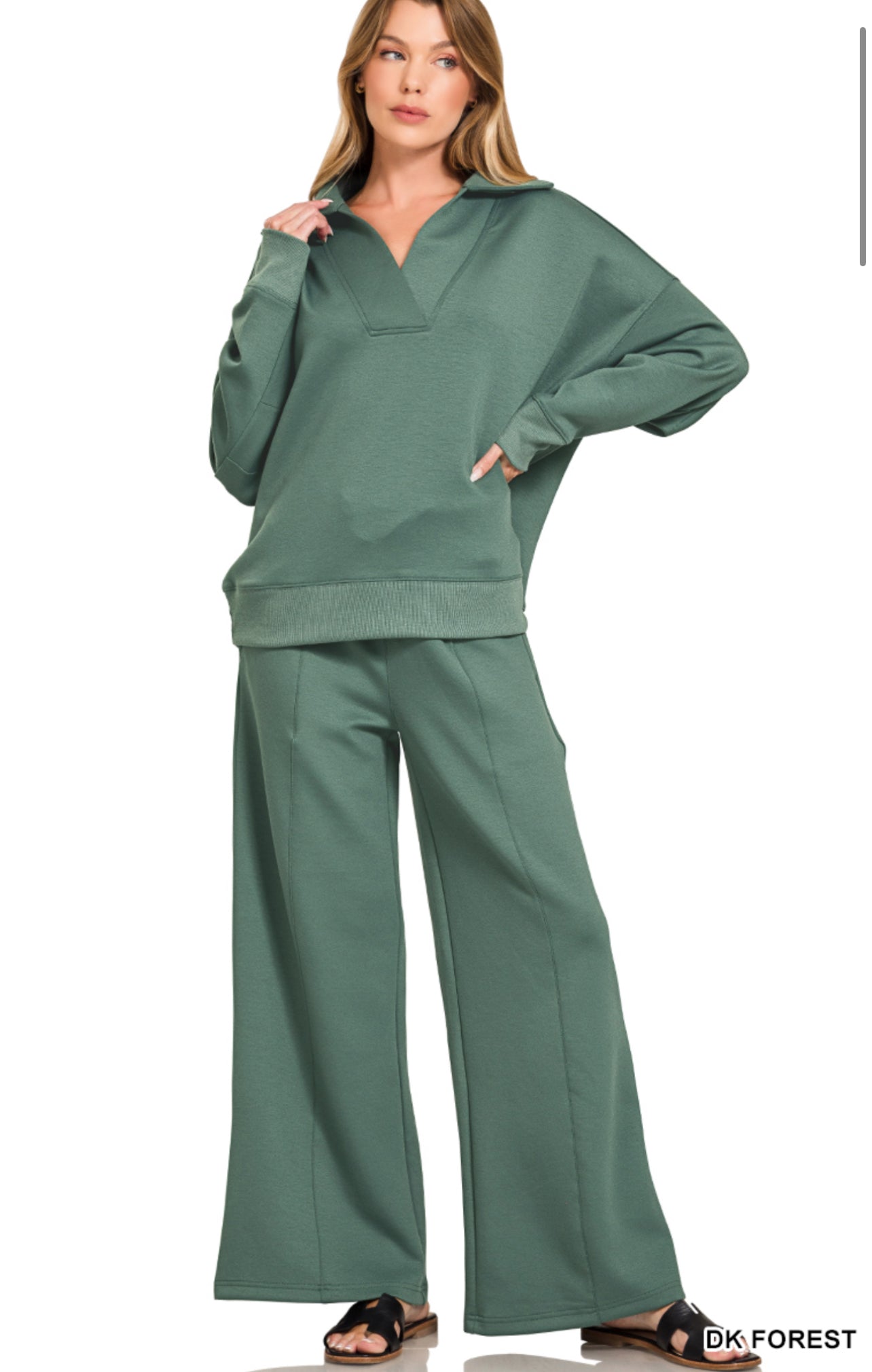 Zenana SCUBA COLLARED PULLOVER & PANTS SET
