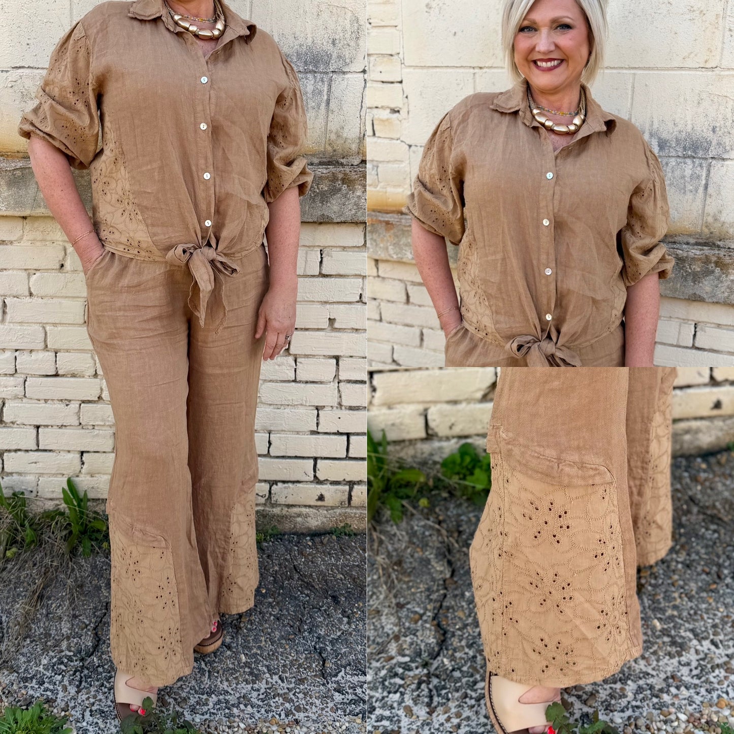 Made in Italy Tie Front Eyelet Top