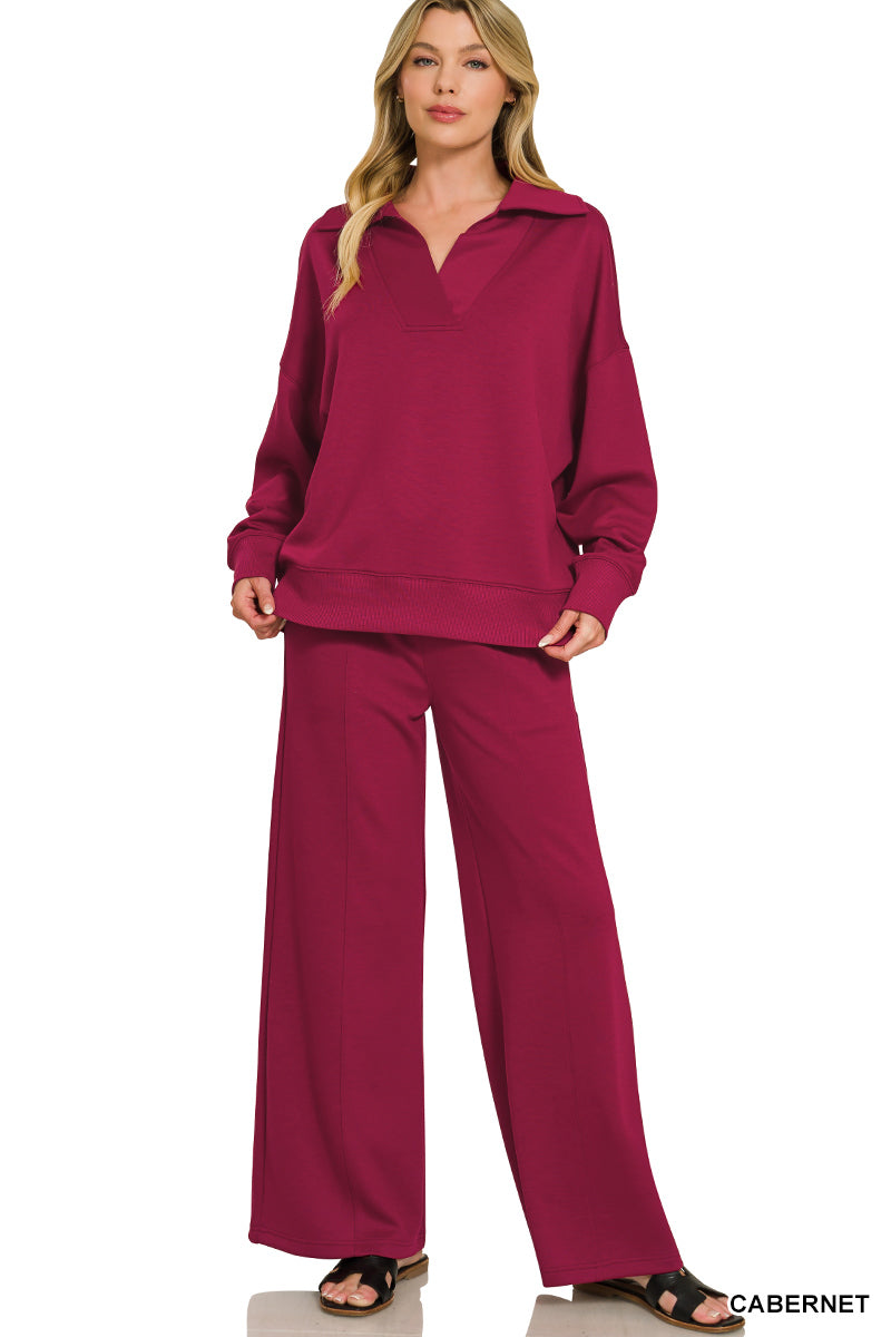 Zenana Cabernet SCUBA COLLARED PULLOVER & PANTS SET