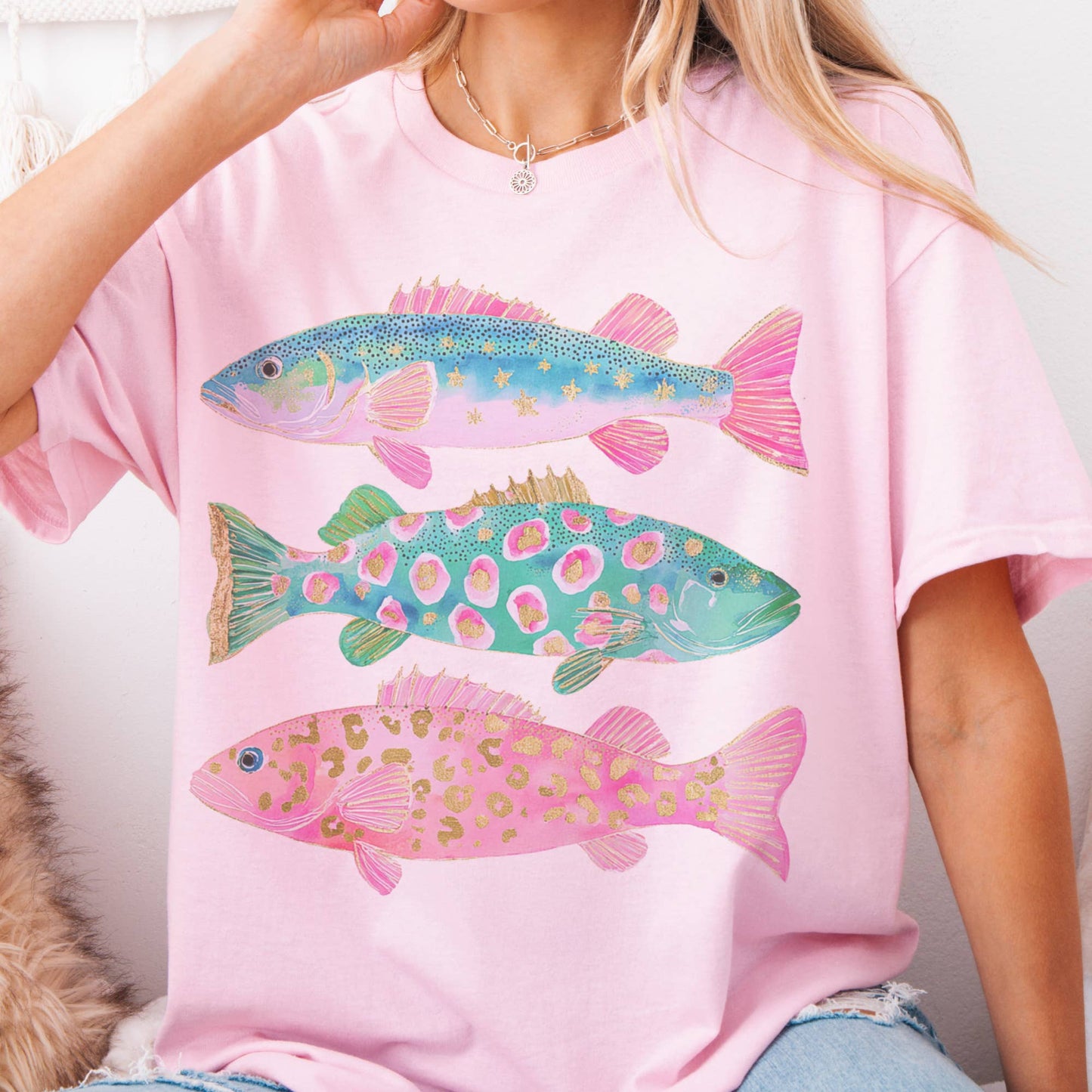 Coastal Preppy Fish Pink Blue Beach Ocean Club Graphic Tee: Pink