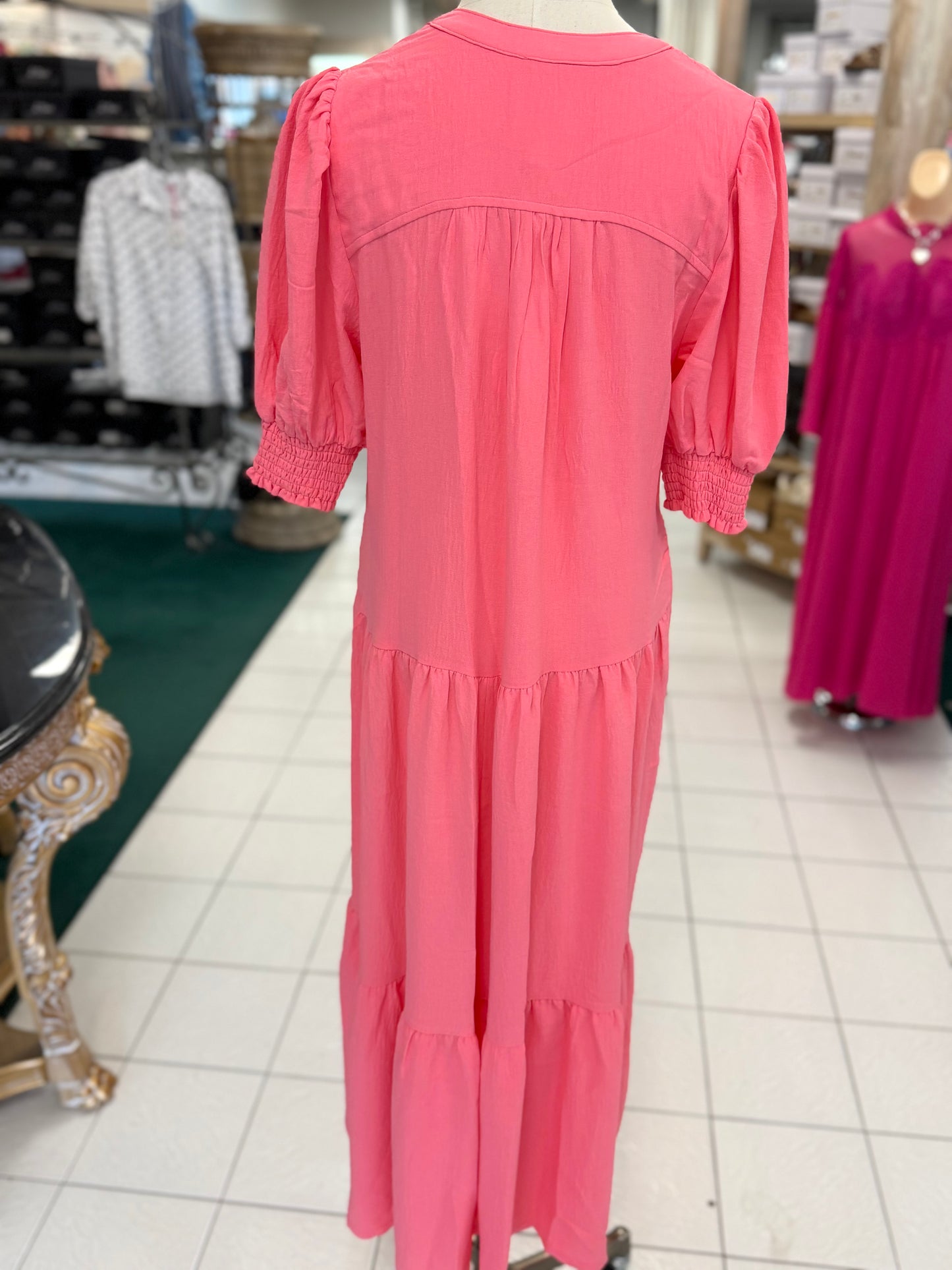 Umgee Coral Pink Solid V-Neck Tiered Midi Dress