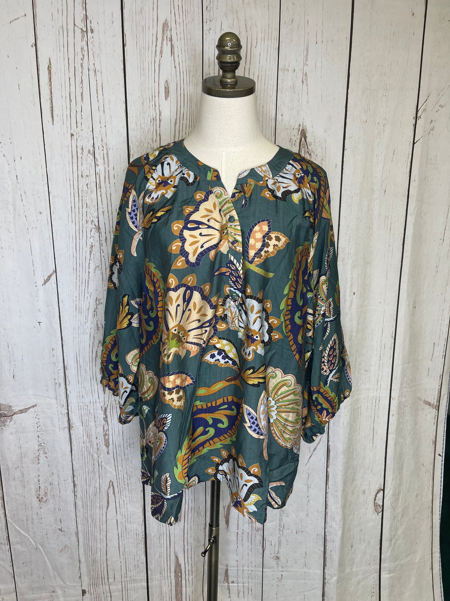 Umgee Plus Size Teal Boho Paisley Puff Sleeve Top