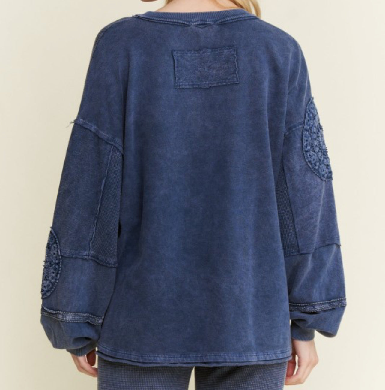 J. Her Navy Mineral Washed Doily V-Neck Blouse