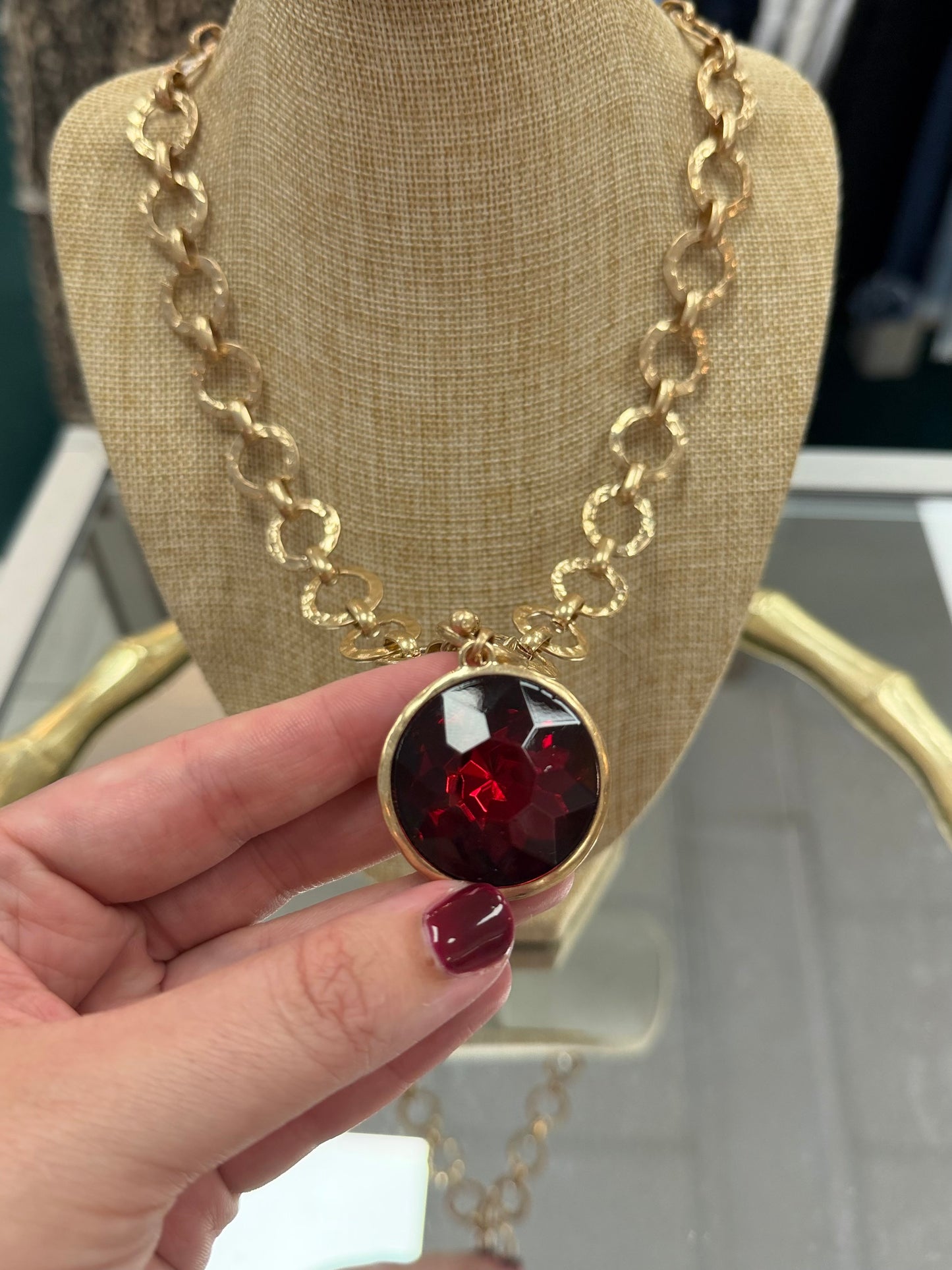 Large Gold Chain Necklace w/ Red Rhinestone