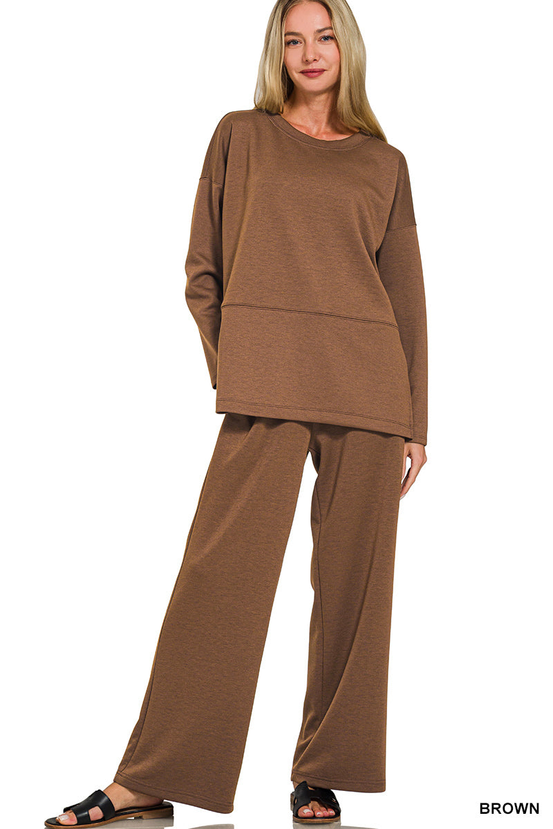 Zenana BROWN SCUBA SIDE SLIT TOP & PANTS SET