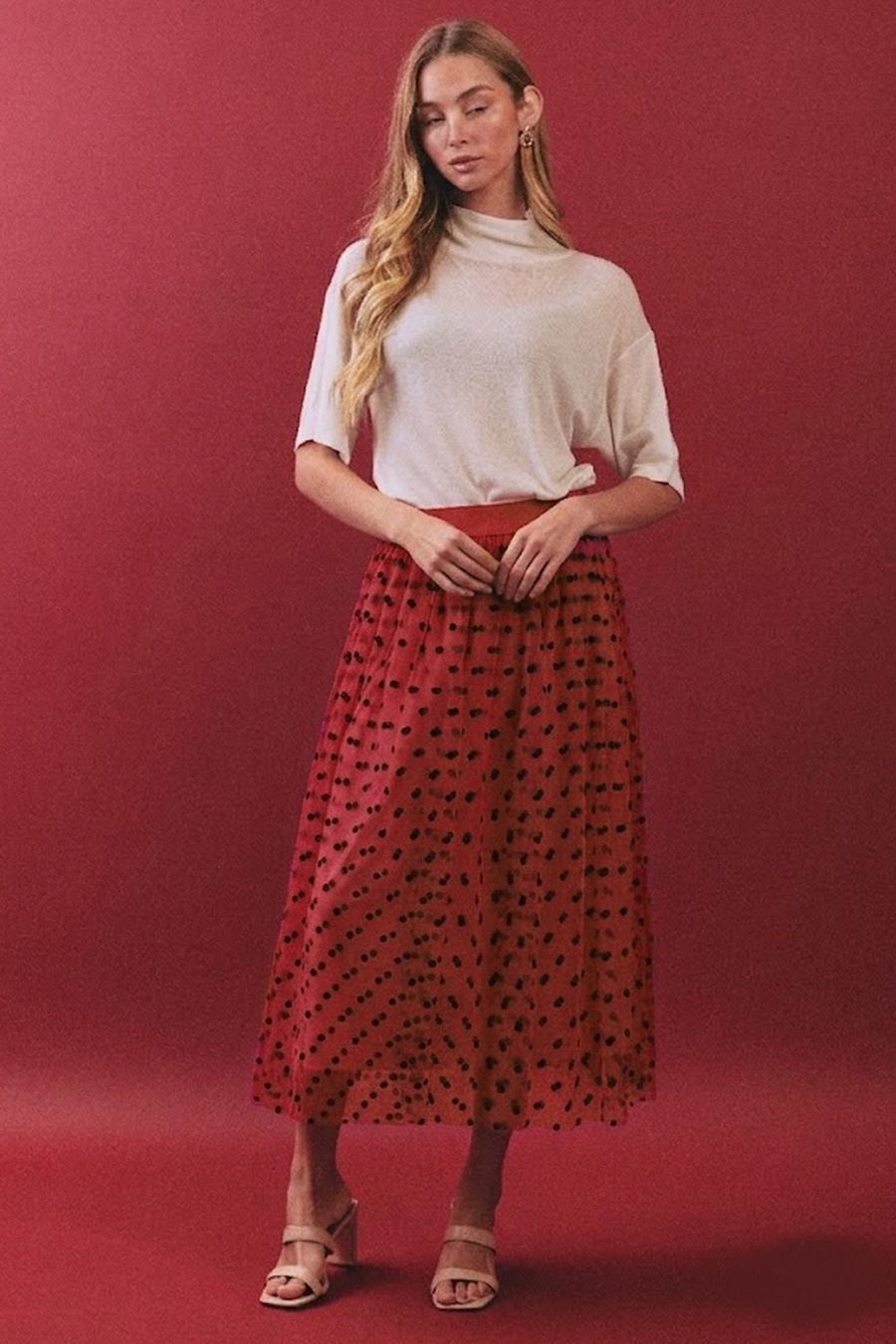 Oddi Burgundy Polka Dot Layered Tulle Midi Skirt