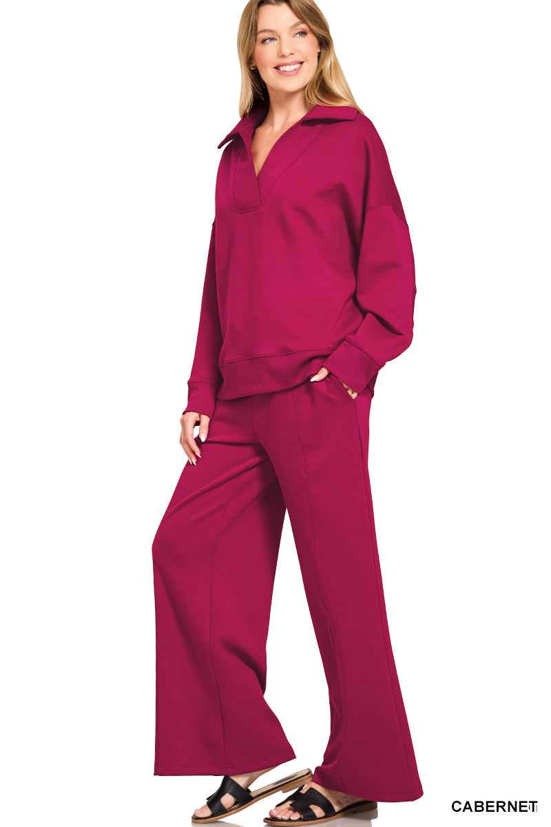 Zenana SCUBA COLLARED PULLOVER & PANTS SET