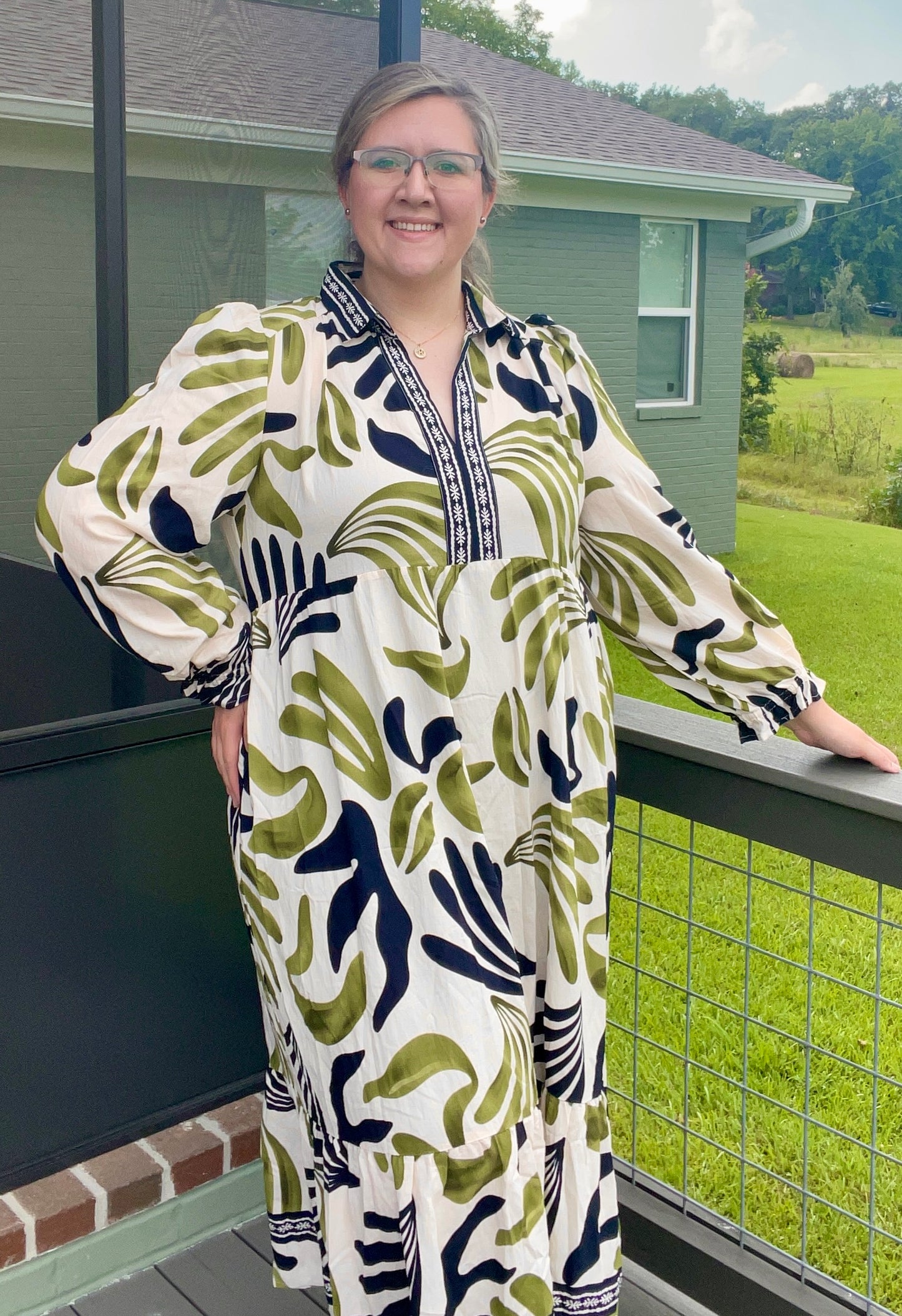 Umgee Plus Size Olive Boho Leafy Print Maxi Dress