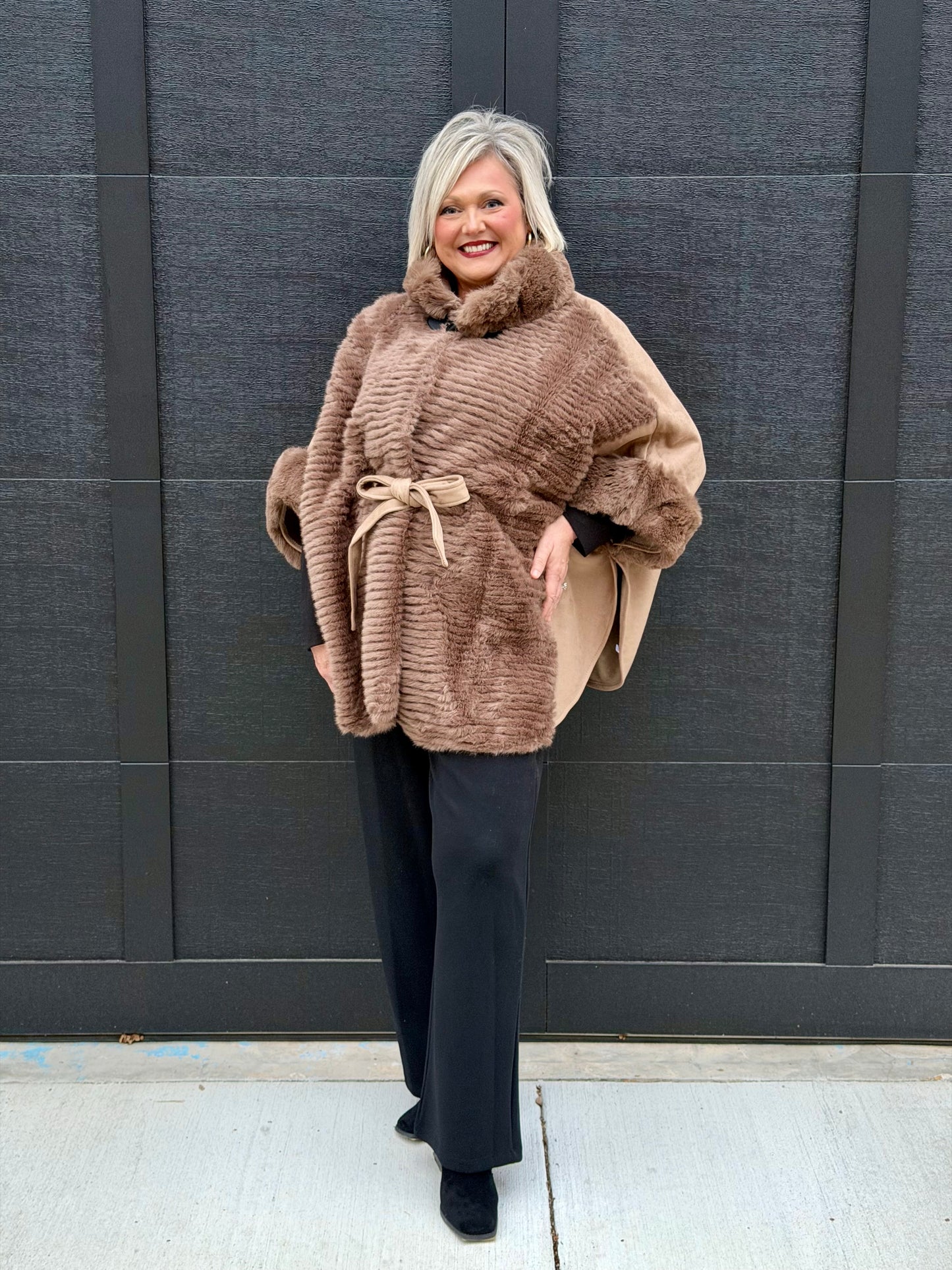 Suede Belted Cape with Horizontal Ribbed Vegan Fur and Neck Toggle