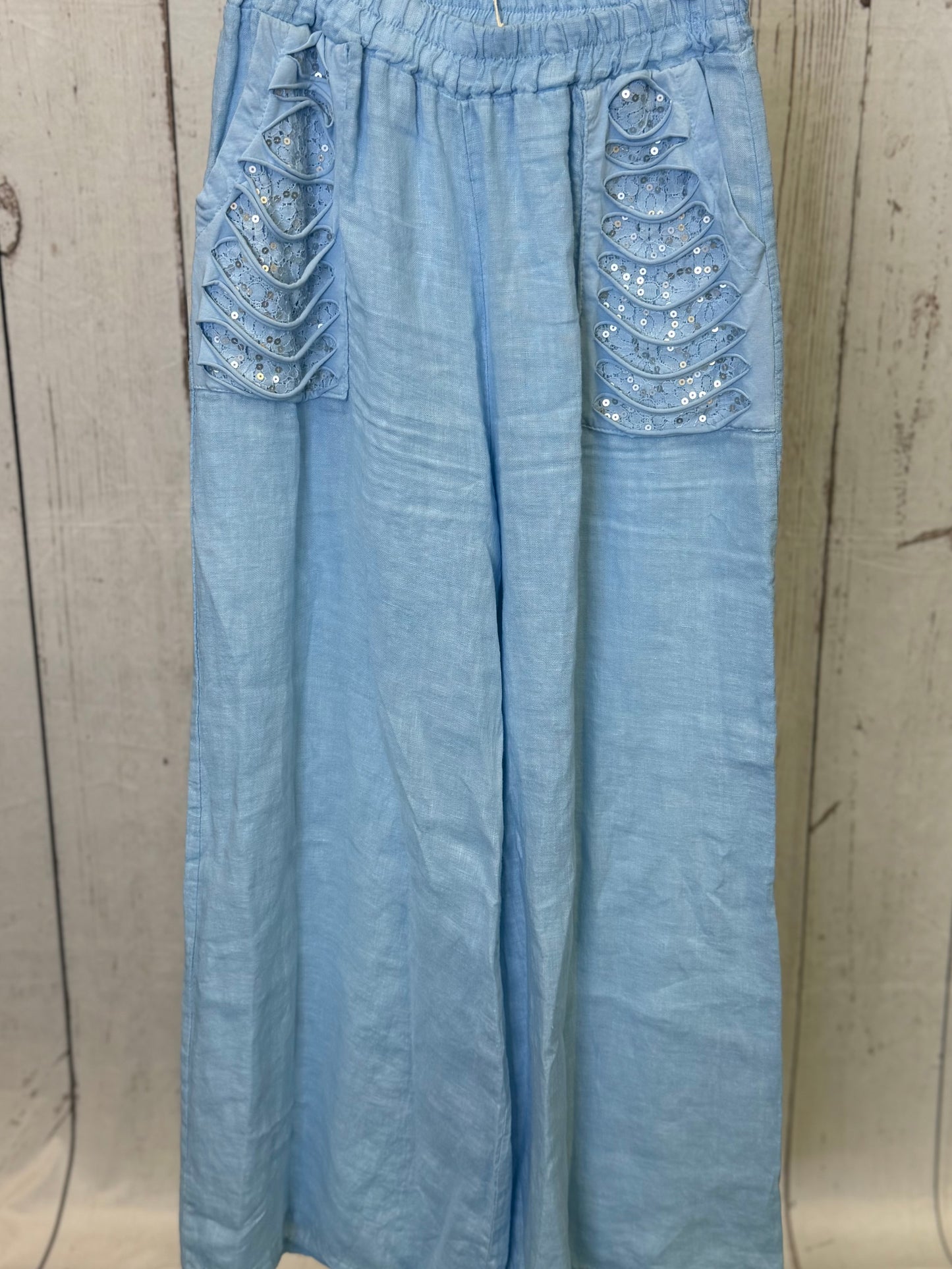 Made in Italy Linen Pants with Lace and Ripped Fabric Front Pockets