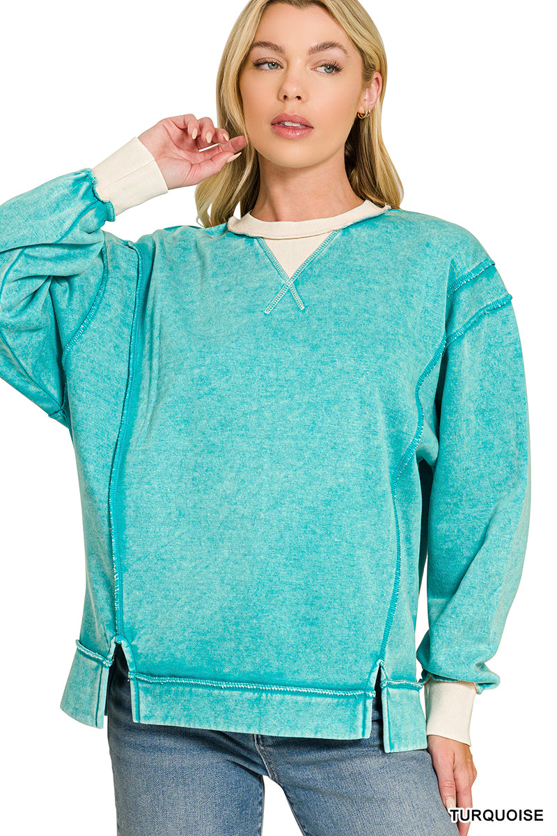 Zenana Turquoise FLEECE ACID WASHED CONTRAST TRIM SWEATSHIRTS