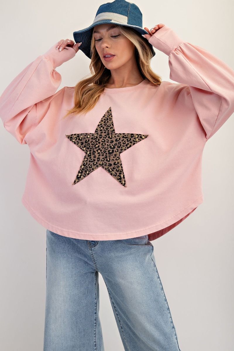 Easel ANIMAL STAR PATCH MINERAL WASHED POLY RAYON KNIT TOP