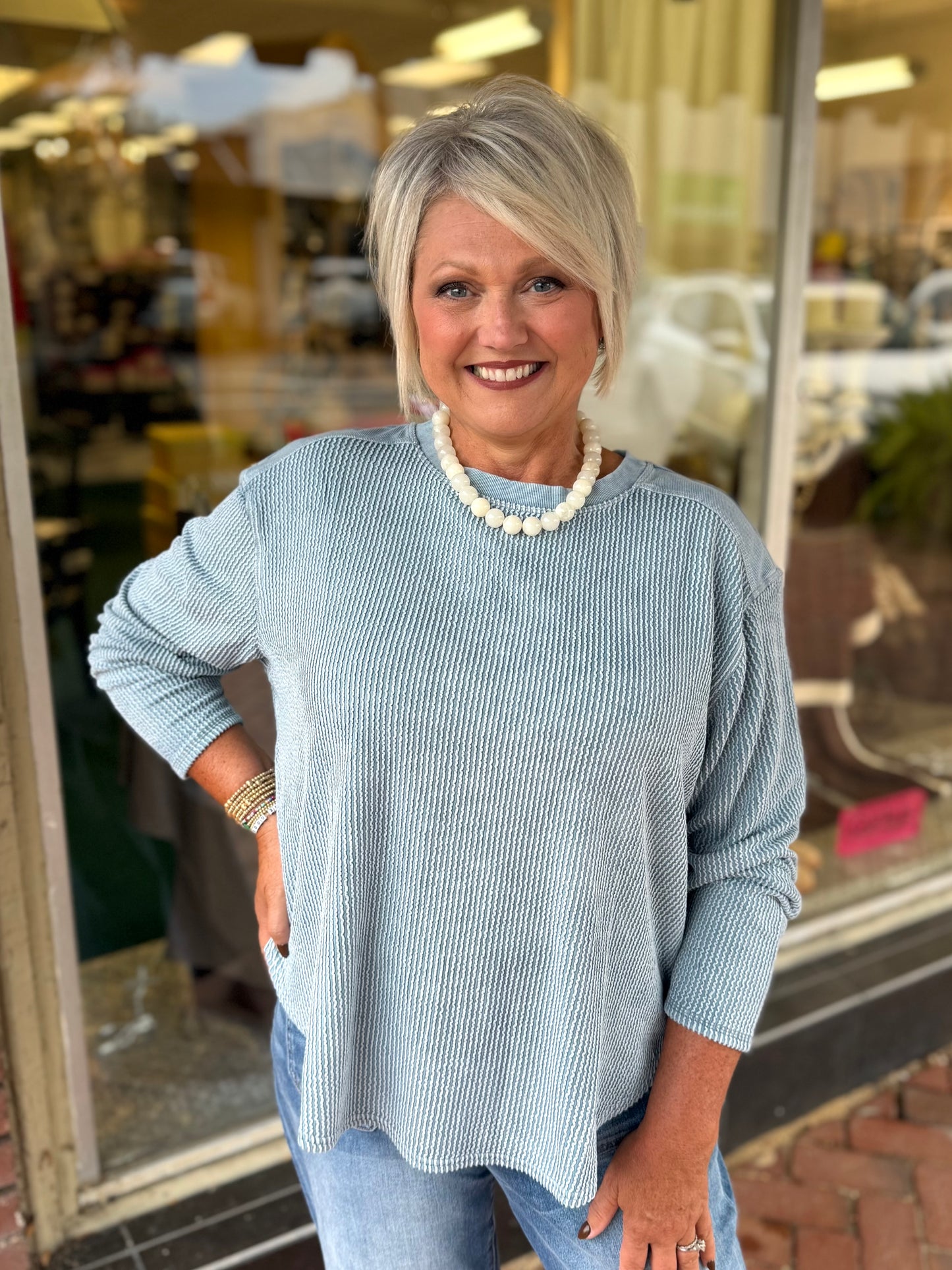 Light Denim Boxy Textured Long Sleeve Washed Knit Top