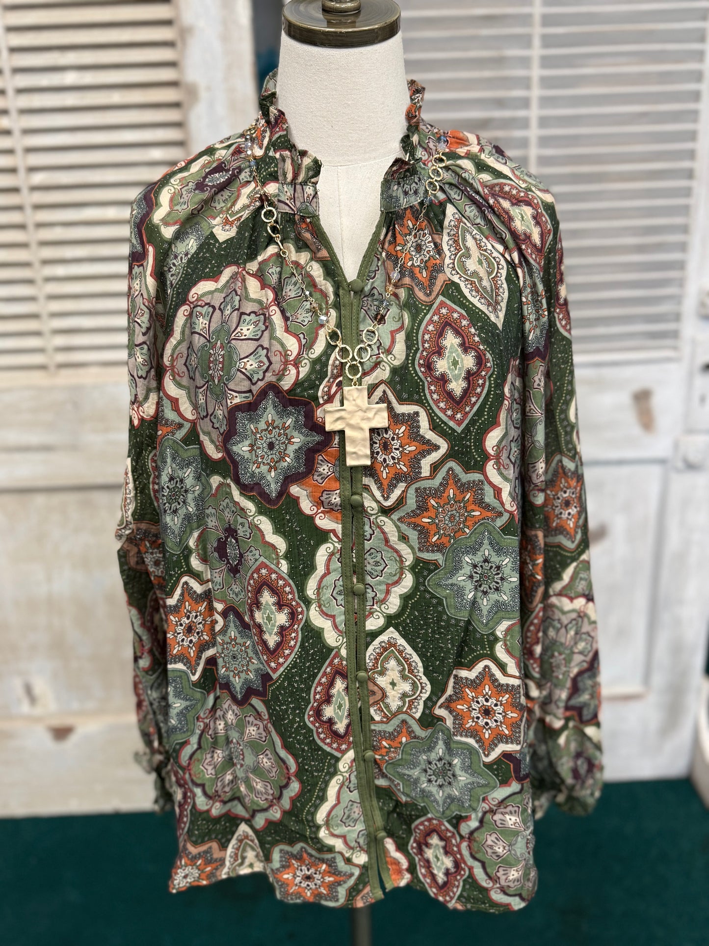 Umgee Plus Size OLIVE Fall Mosaic Long Sleeve Blouse