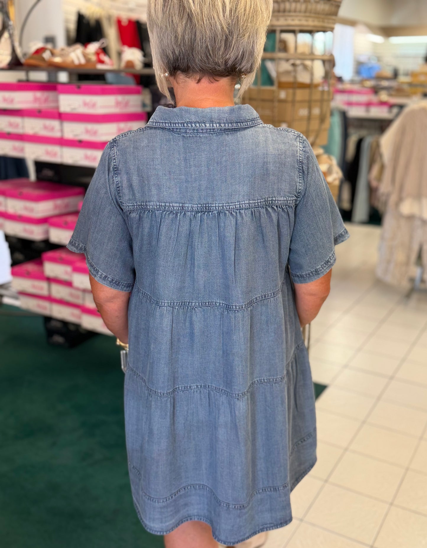 MittoShop Washed Tencel Chambray Tier Back Mini Shirt Dress