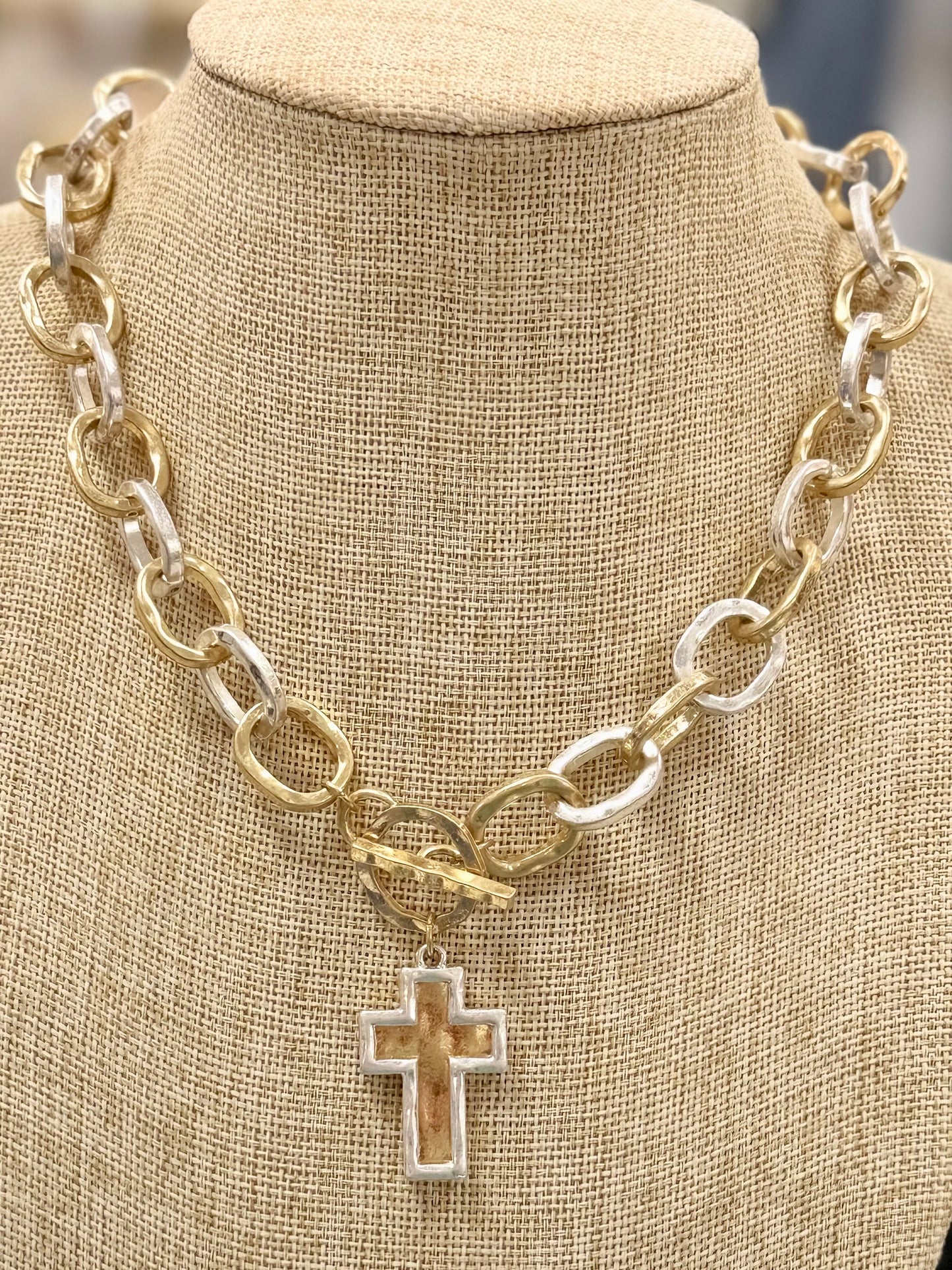 Mixed Metal Open Chain Double Cross Necklace