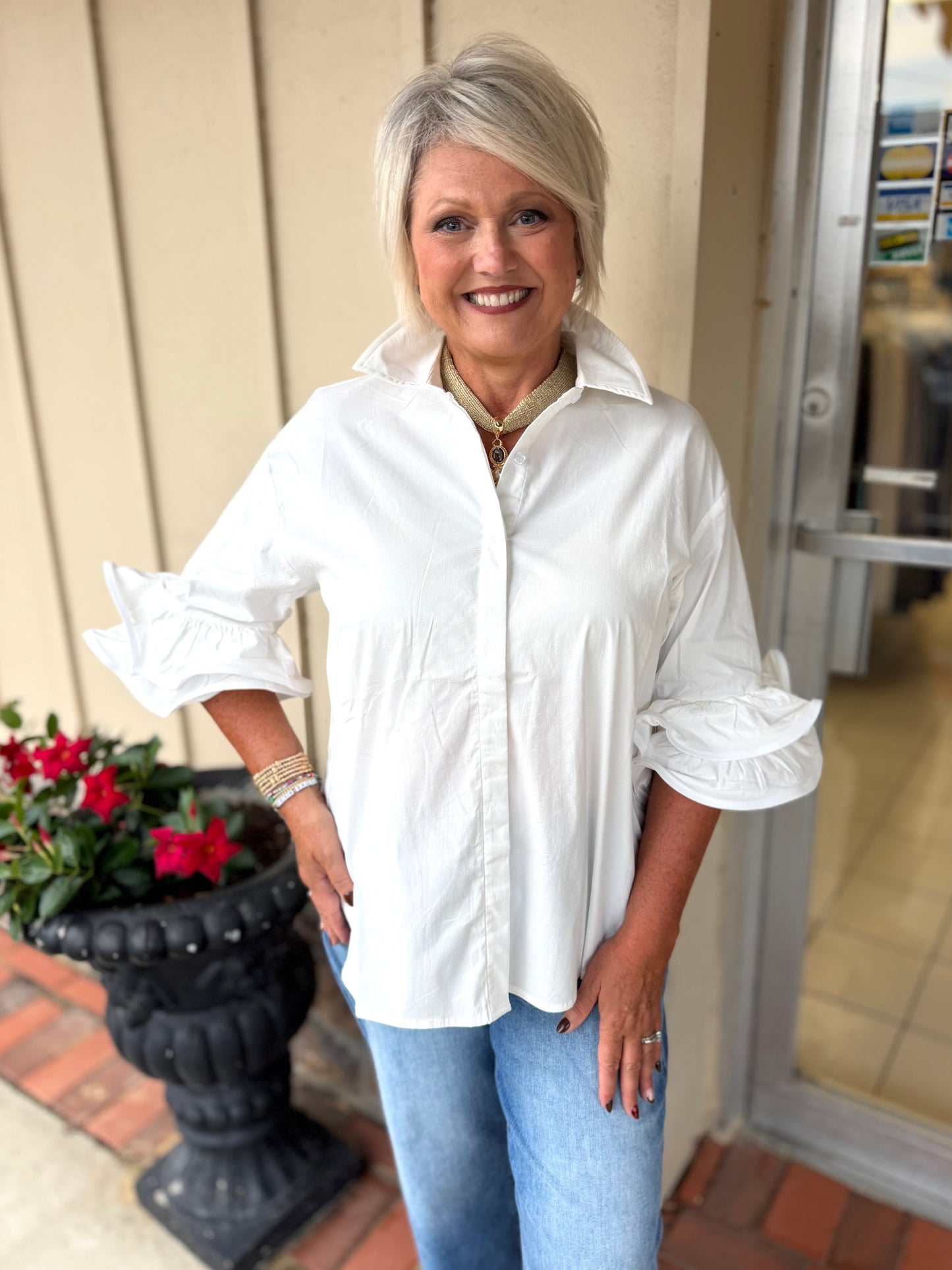 Easel White DOUBLE RUFFLE SLVS COTTON POPLIN BLOUSE