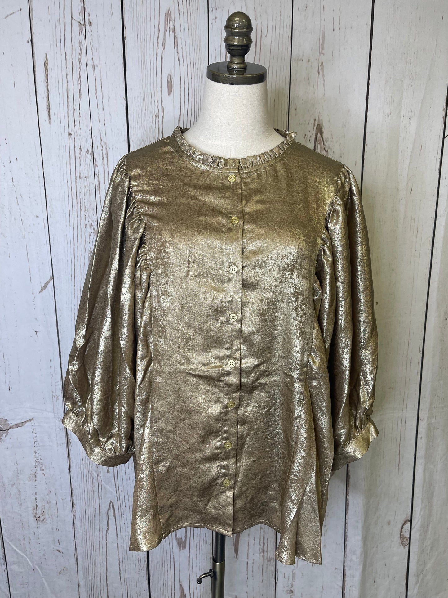 Oddi Plus Size Shimmer foiled printed button front blouse