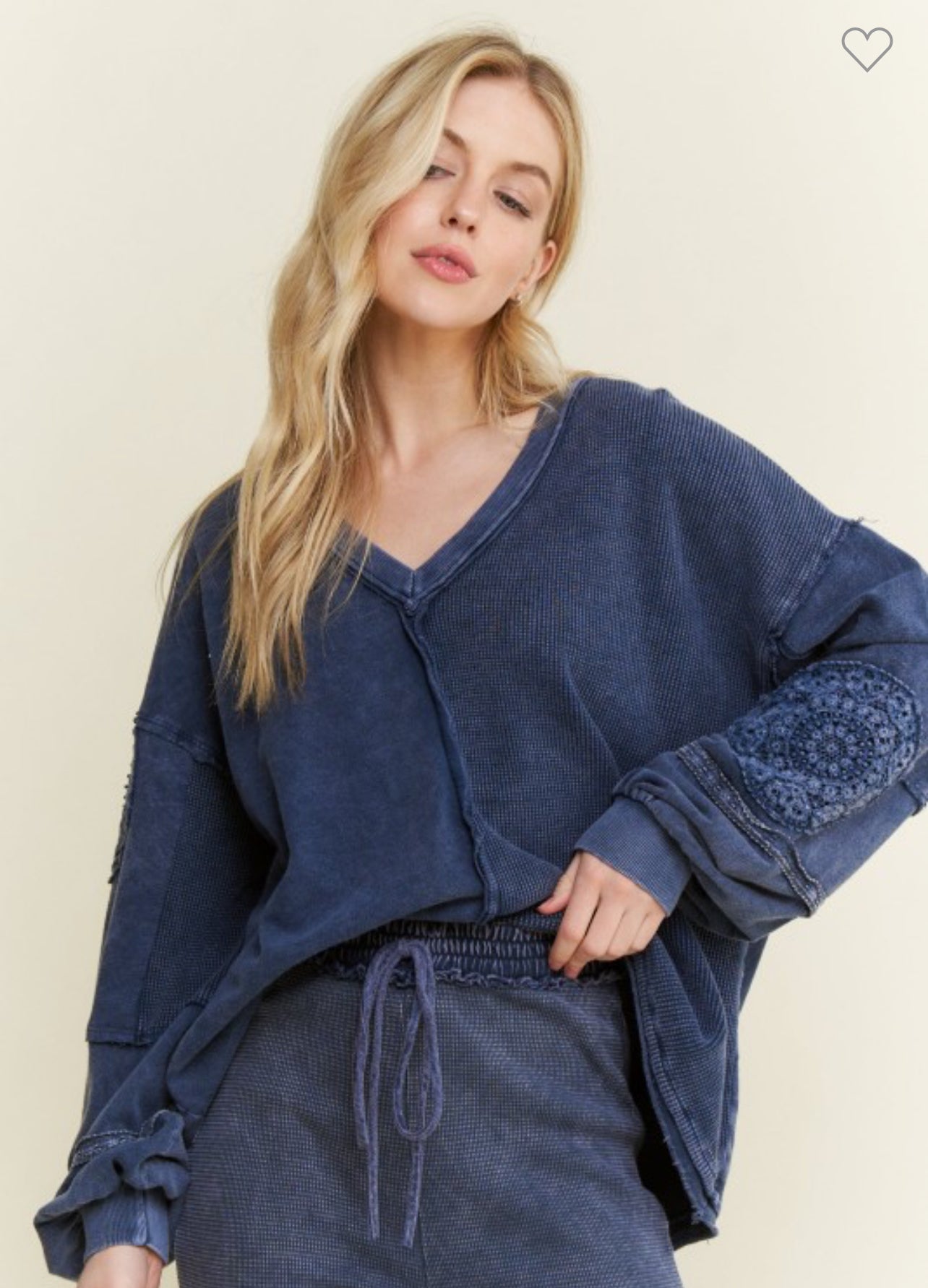 J. Her Navy Mineral Washed Doily V-Neck Blouse