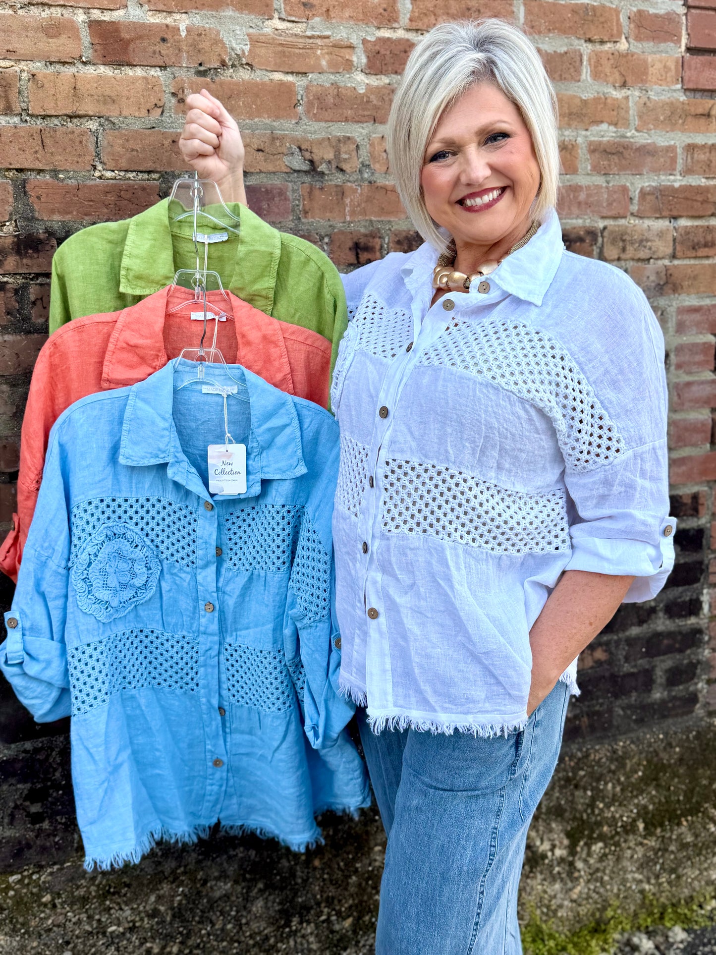 Made in Italy Button Front Open Crochet Shirt