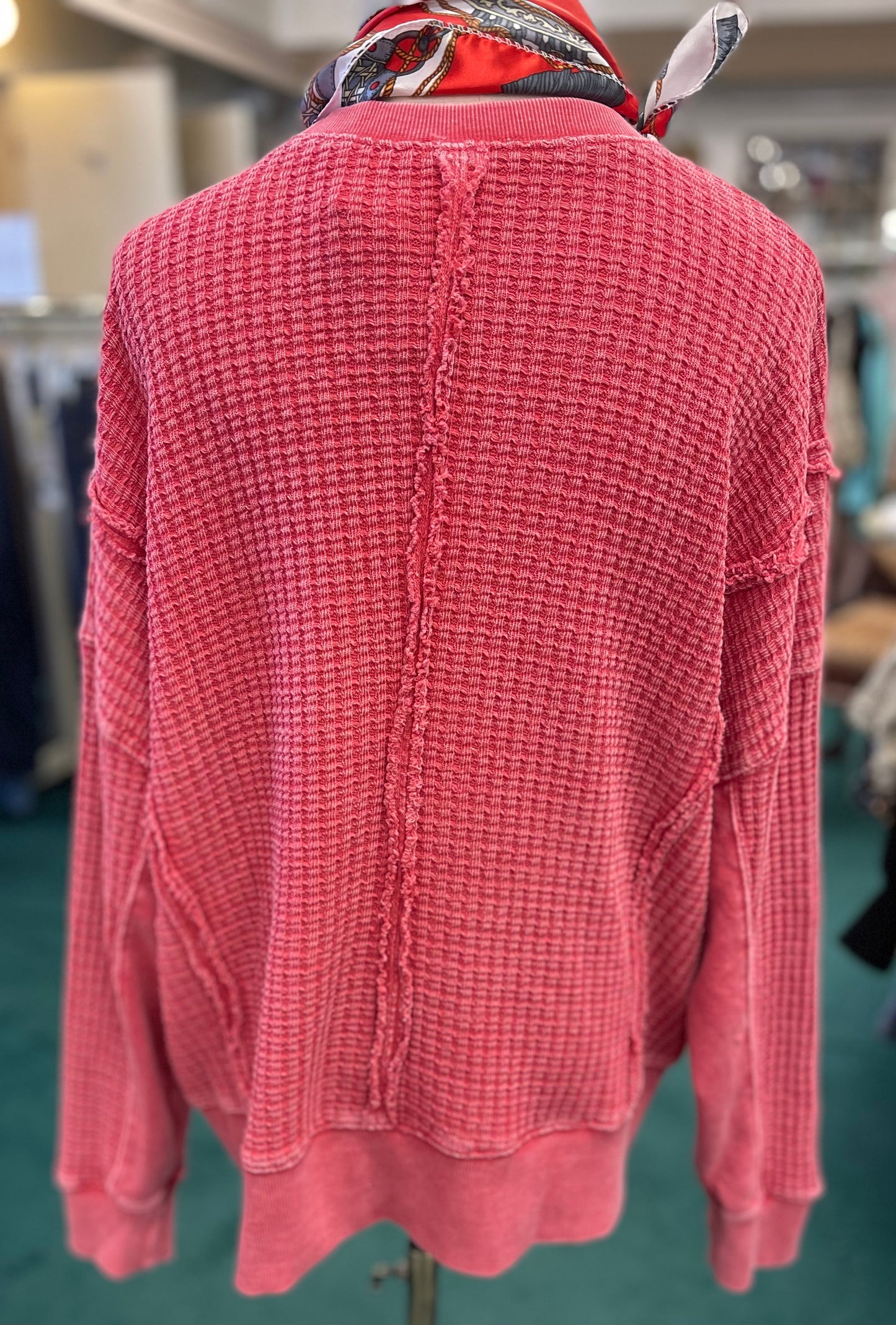 Boho Red Waffle Knit Long Sleeve Top