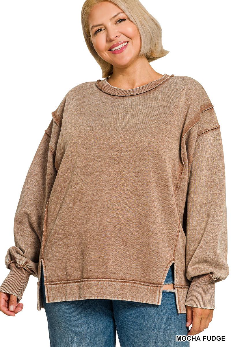 Zenana Mocha Fudge PLUS ACID WASH EXPOSED-SEAM FLEECE SWEATSHIRT