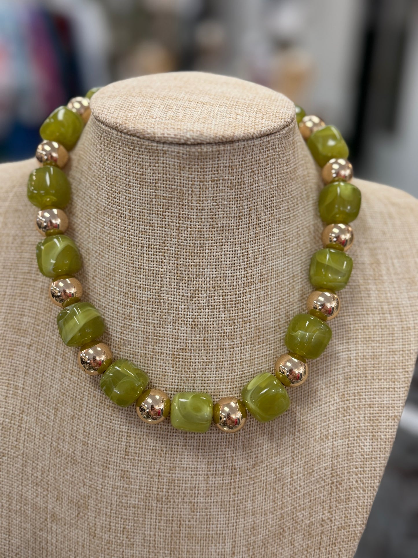 Water Resistant Gold and Olive Green 14mm Beaded 16"-18" Necklace