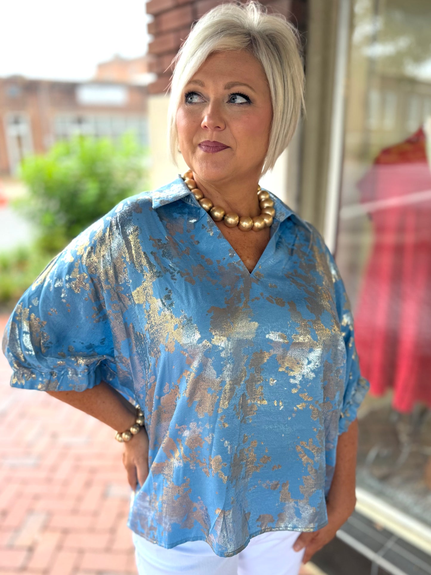 Jodifl Blue Drop Shoulder Dolman Sleeves Metallic Top