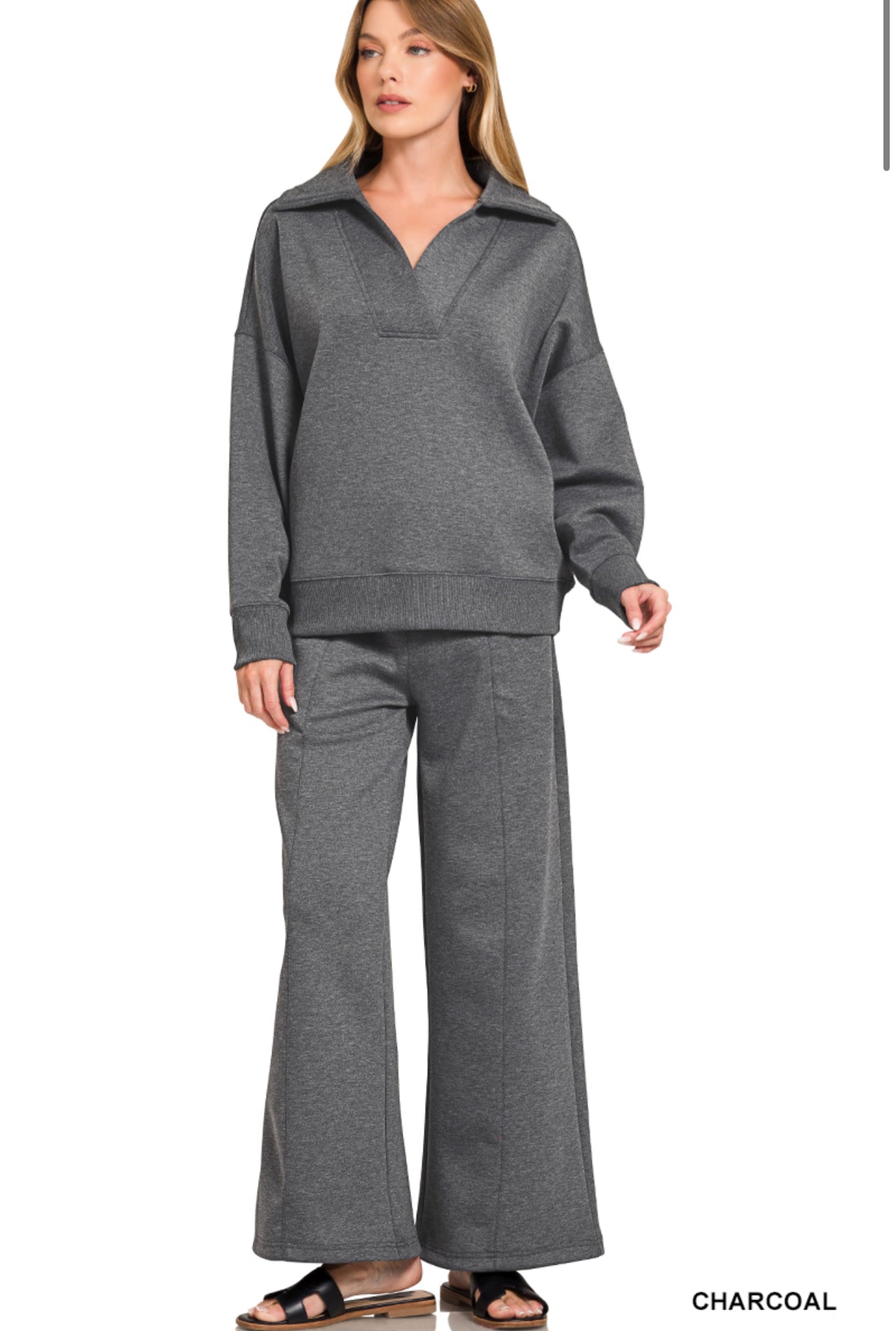 Zenana SCUBA COLLARED PULLOVER & PANTS SET