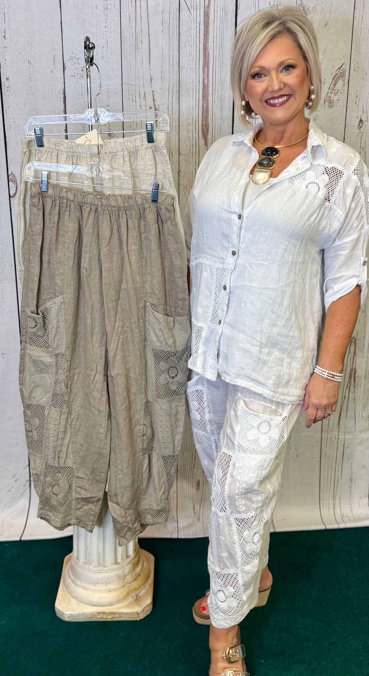 Made in Italy Linen Pant with Crochet Detail