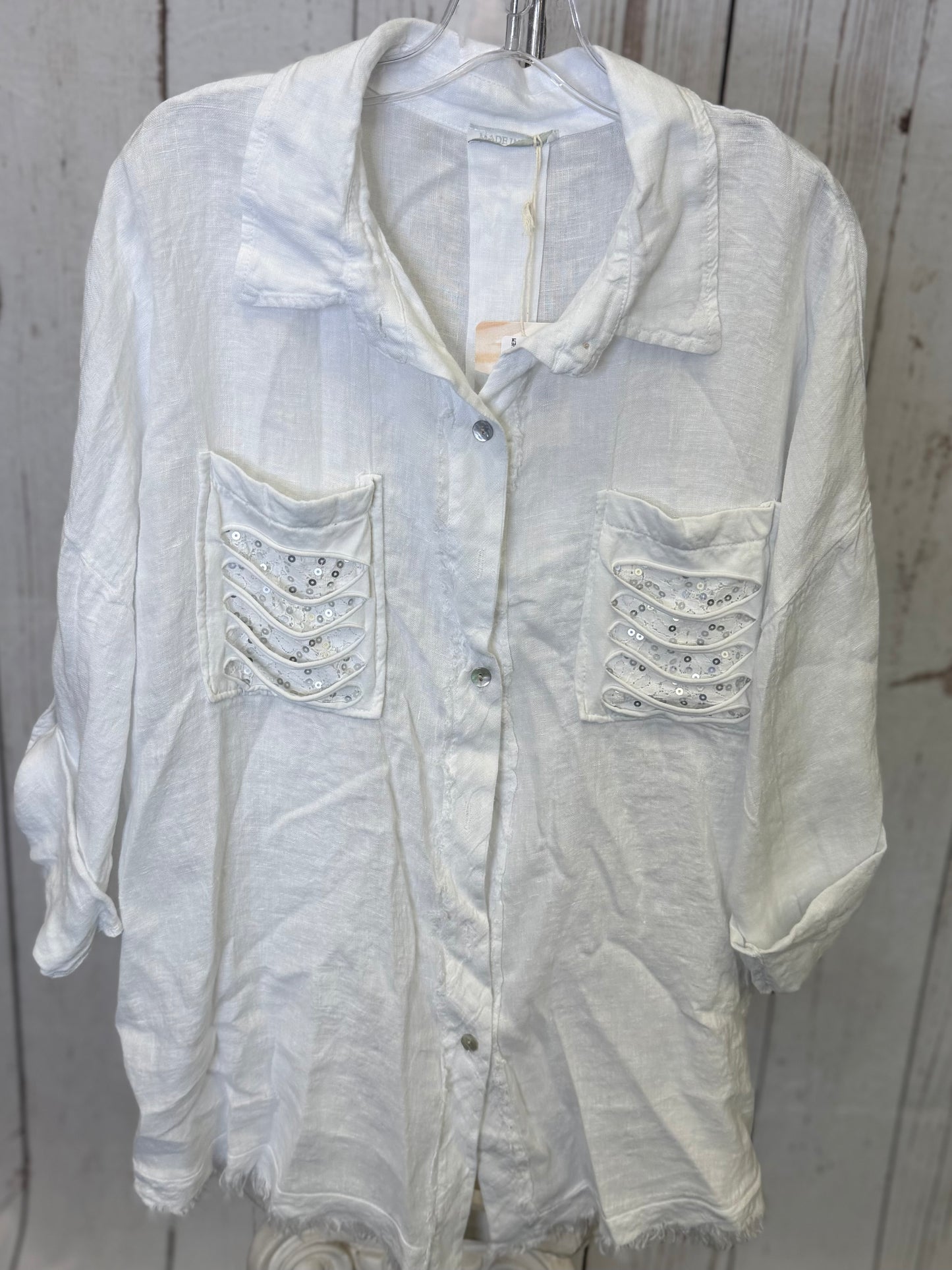 Made in Italy Linen Button Front Top with Decorative Front Pockets