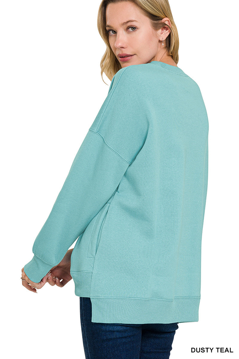 Zenana FLEECE HI-LOW BOYFRIEND SWEATSHIRTS WITH POCKET