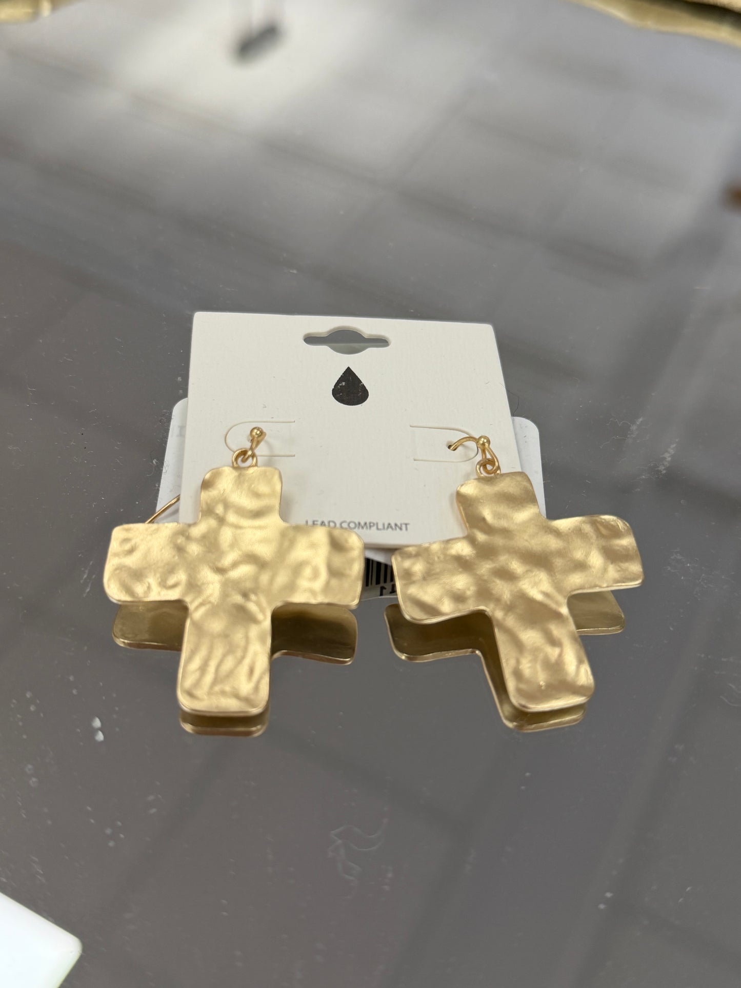 Gold Hammered Metal Cross Earrings