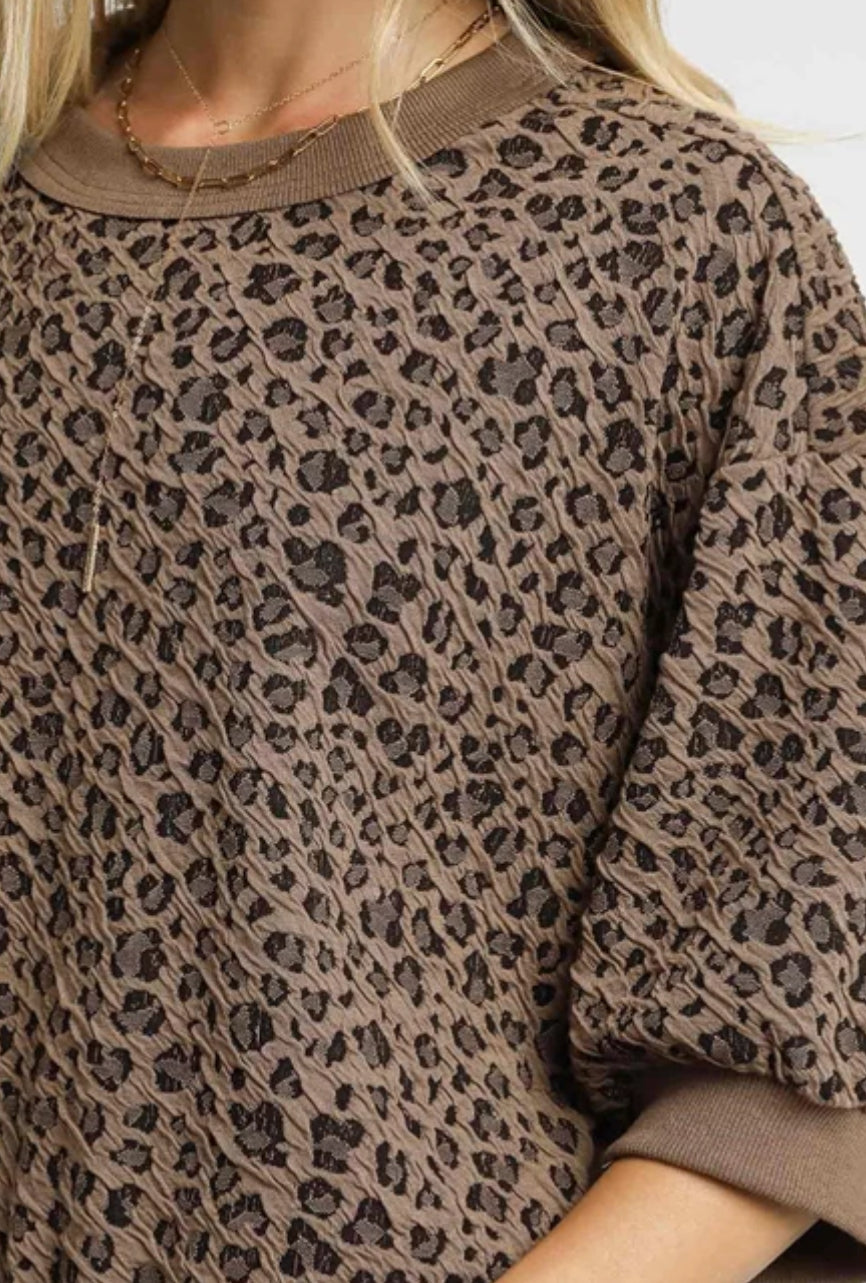 Umgee Falling for Leopard Knit Puff Sleeve Top