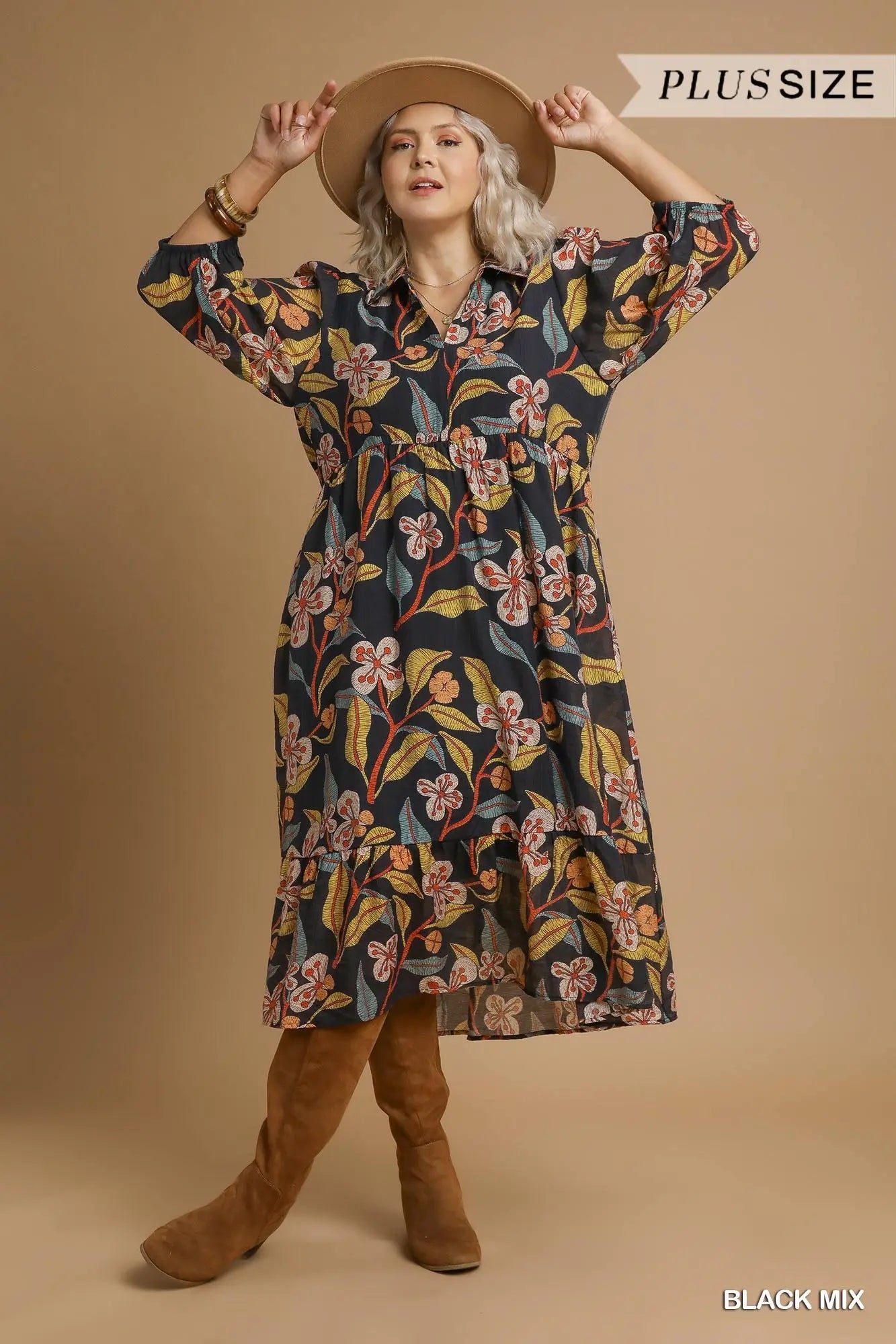Umgee Plus Size Mixed Floral Tiered Midi Dress