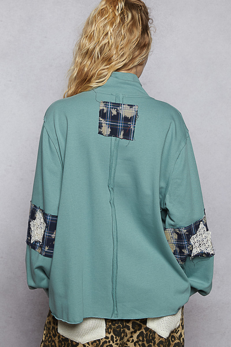 POL Teal Sage Star Patch Pullover w/ Zip