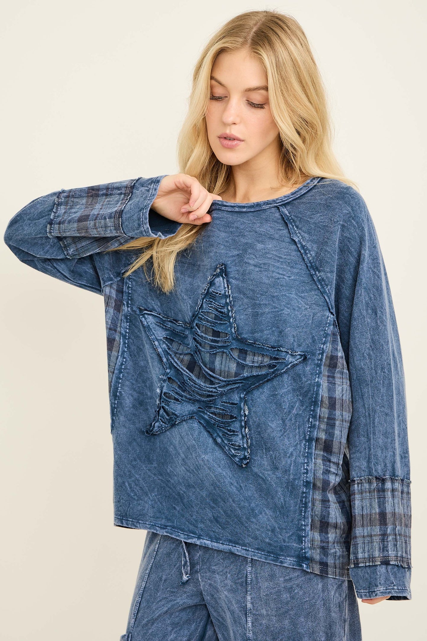 J. Her Navy Mineral Washed Distressed Star Patch Plaid Top