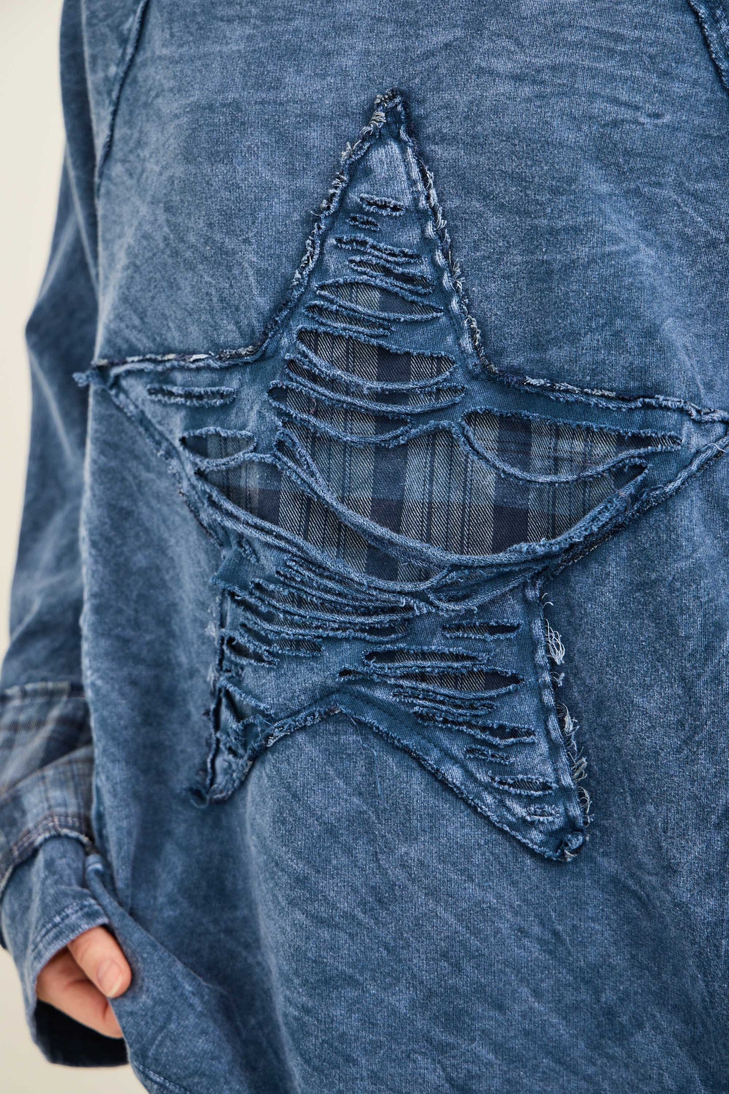 J. Her Navy Mineral Washed Distressed Star Patch Plaid Top