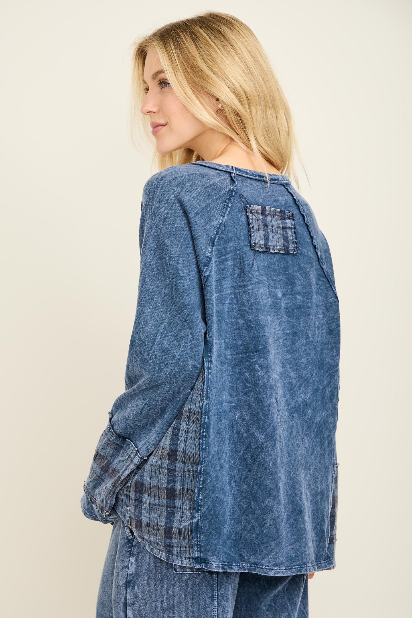 J. Her Navy Mineral Washed Distressed Star Patch Plaid Top