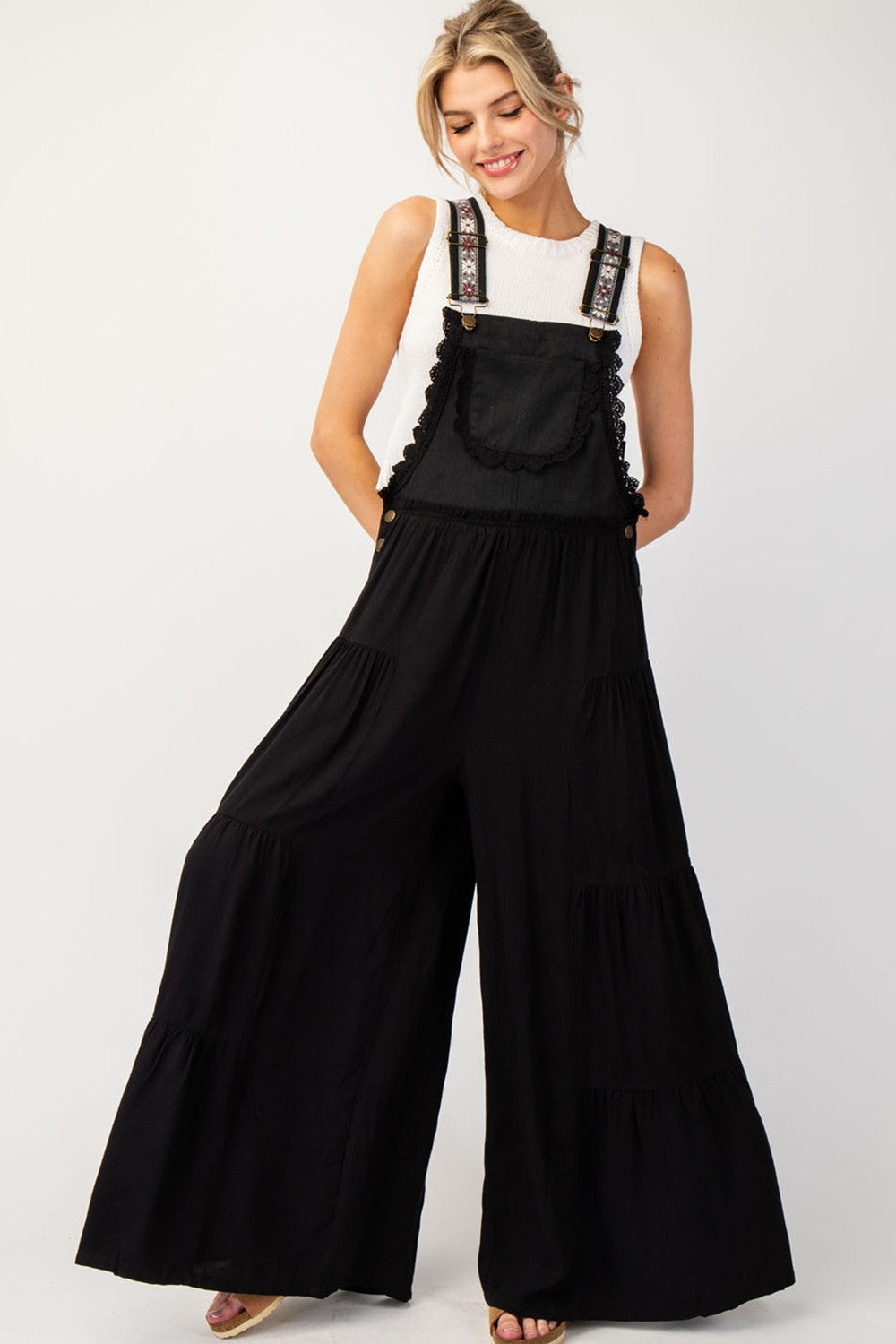 EESOME Black Lace Trim Tiered Sleeveless Jumpsuit