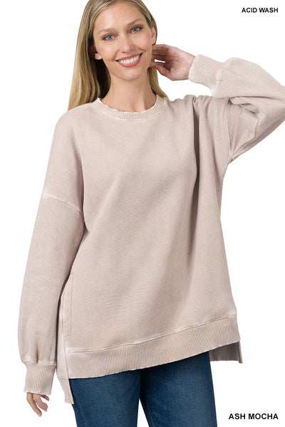 Zenana ACID WASH FLEECE HI-LOW HEM PULLOVER