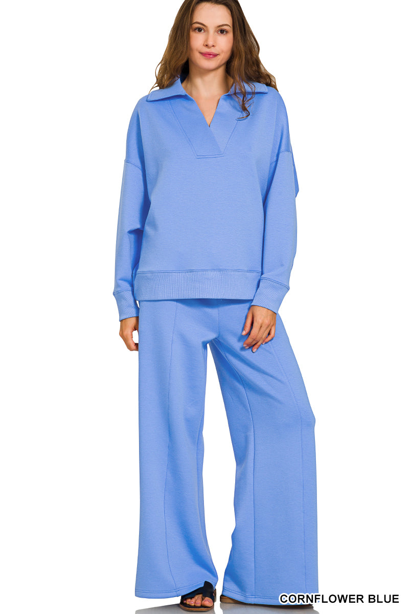 Zenana SCUBA COLLARED PULLOVER & PANTS SET