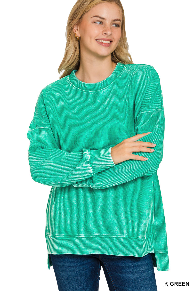Zenana ACID WASHED DOUBLE RIBBED HI-LOW PULLOVER