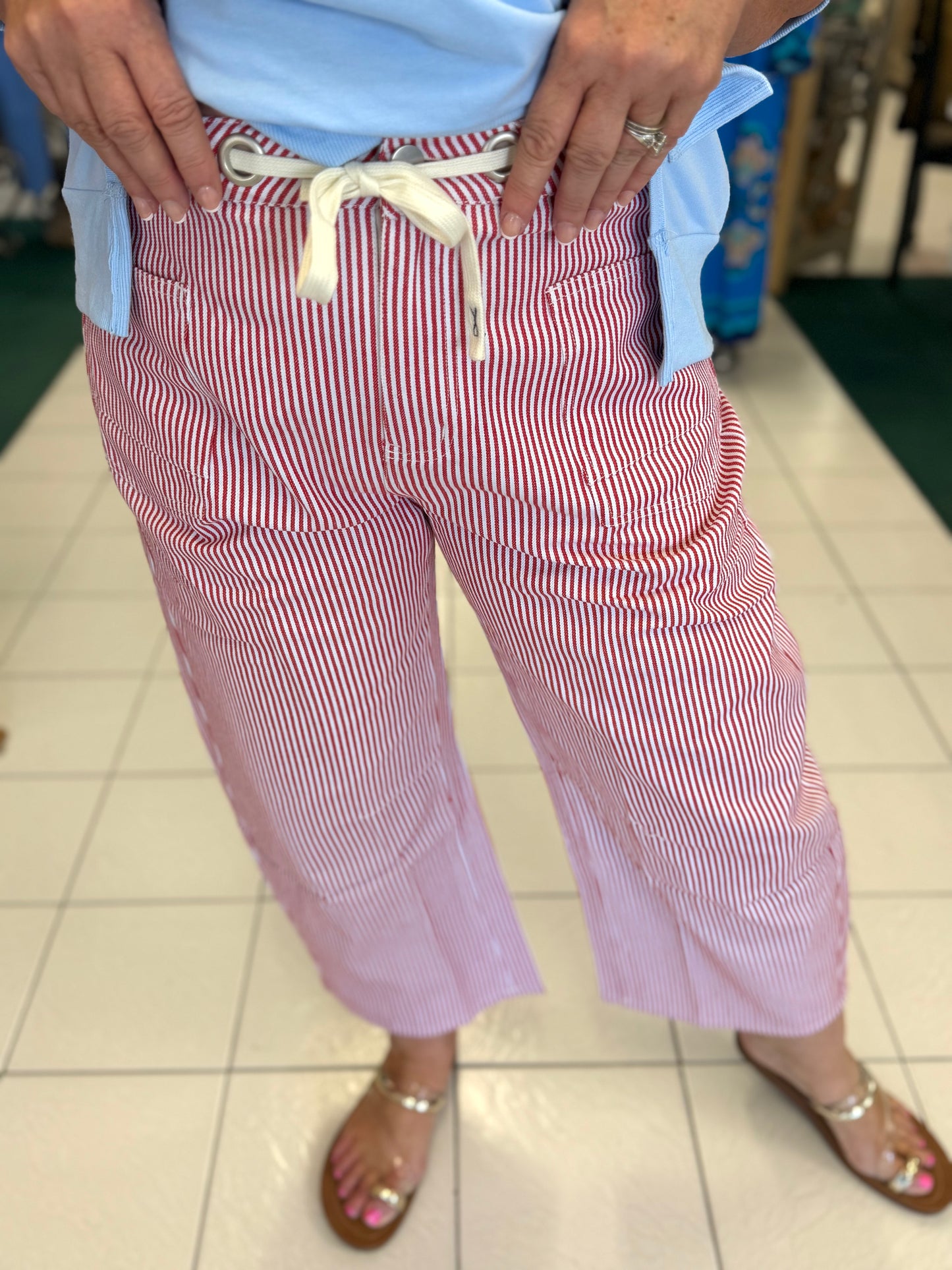 Jodifl Red & White Striped Barrel Jeans
