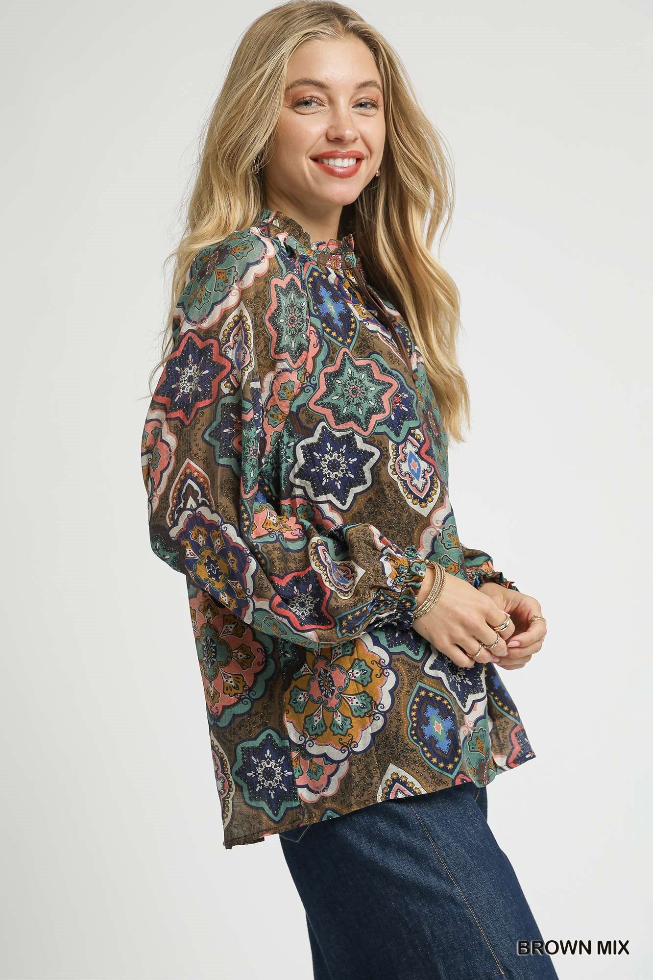 Umgee Fall Mosaic Long Sleeve Blouse