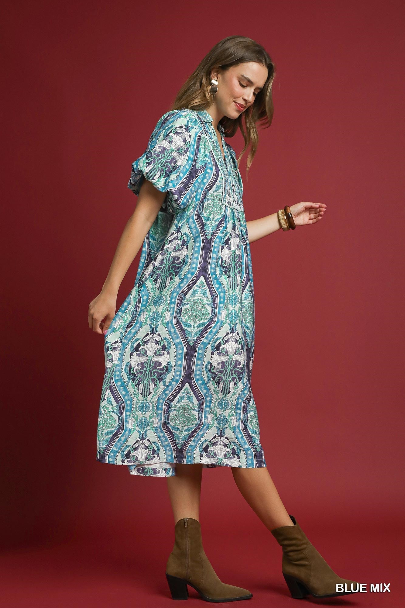 Umgee Watercolor Skies Abstract Print Midi Dress