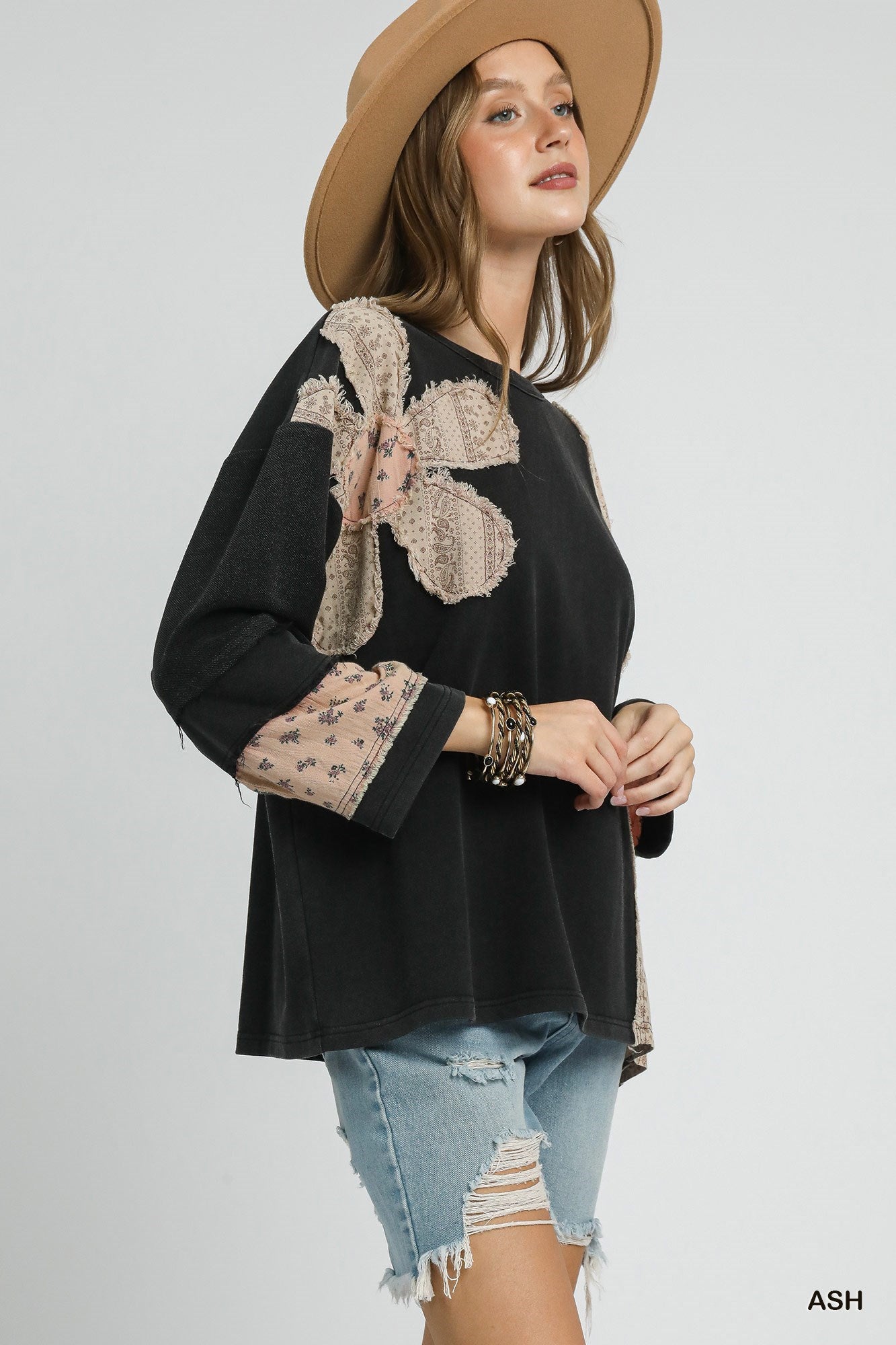 Umgee Ash Black French Terry Patchwork Sleeve Pullover