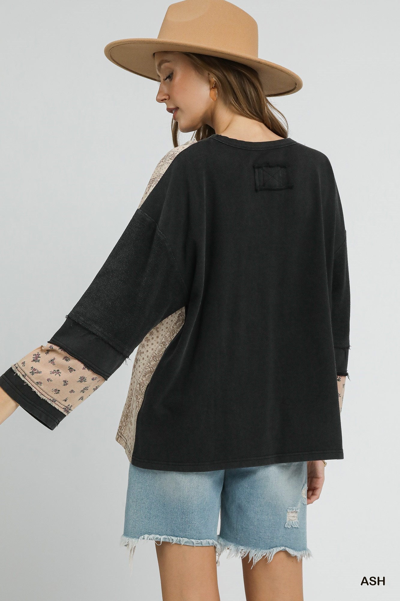 Umgee Ash Black French Terry Patchwork Sleeve Pullover