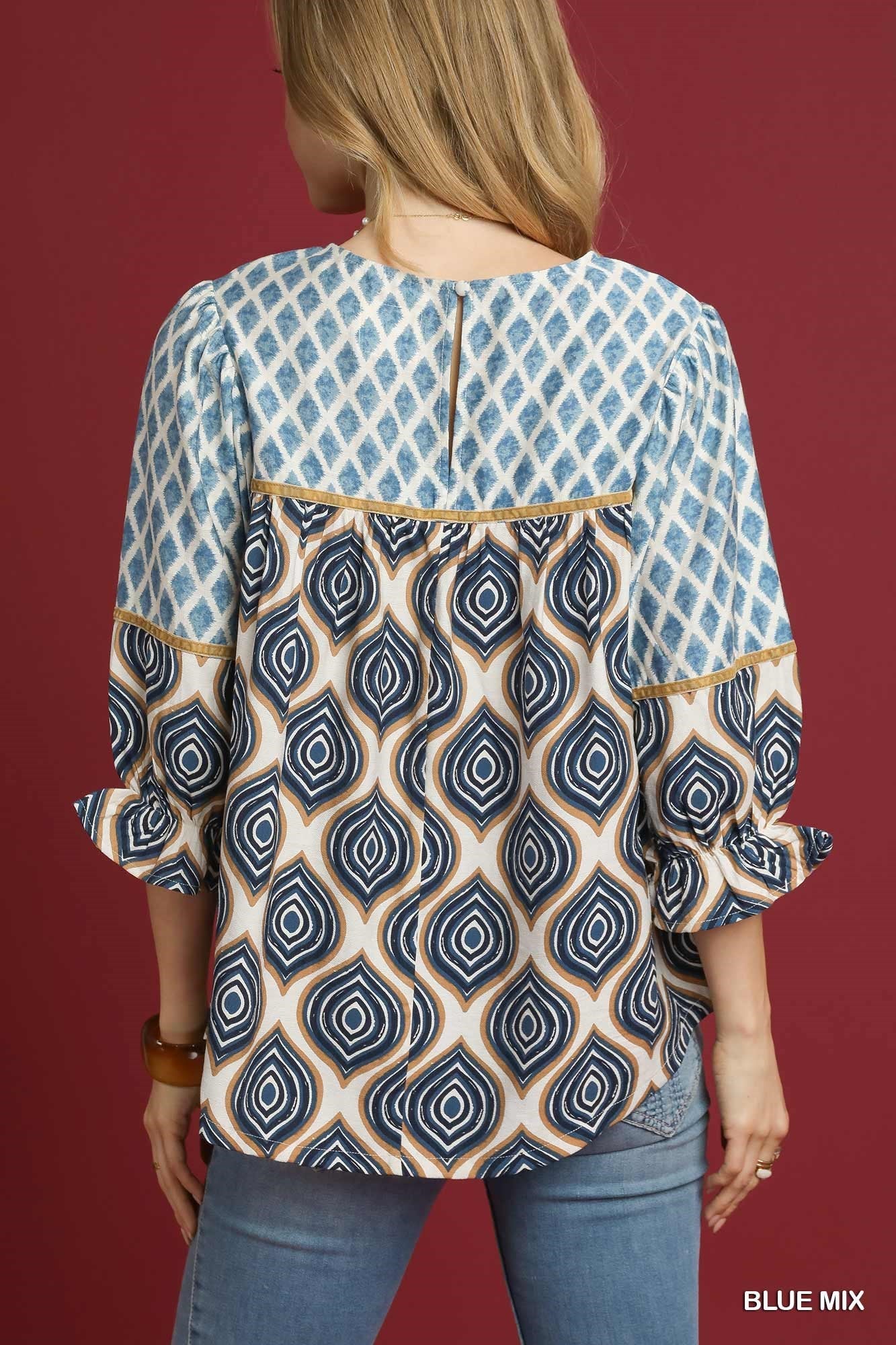 Umgee Blue Mix Retro Geometric Print Top