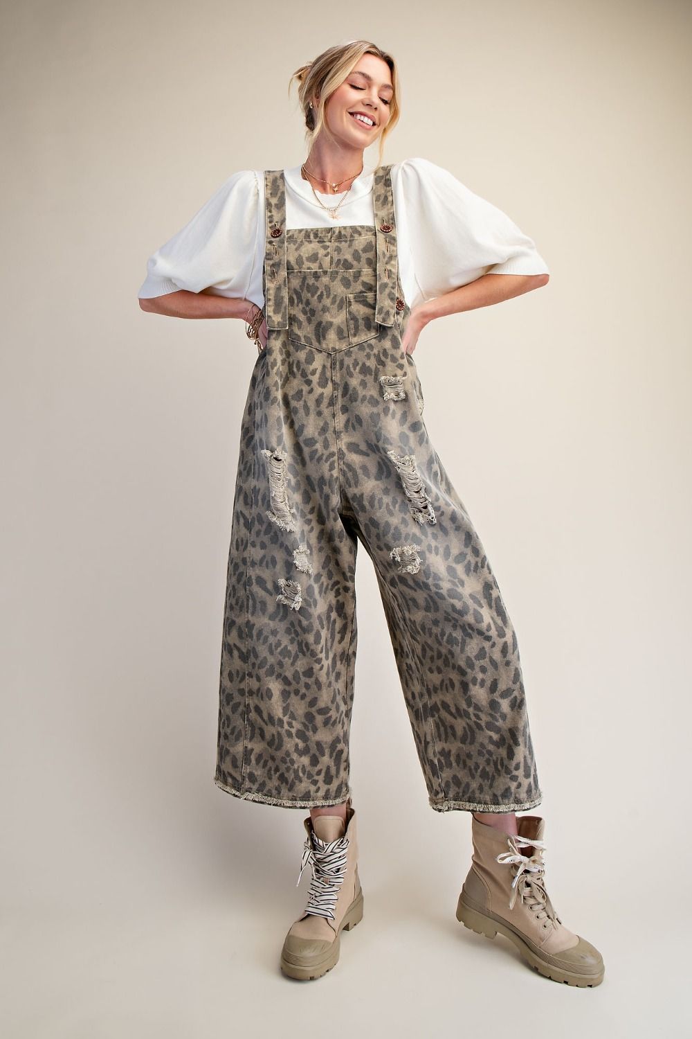 Easel Mushroom Distressed Look Animal Print Denim Overall Jumpsuit
